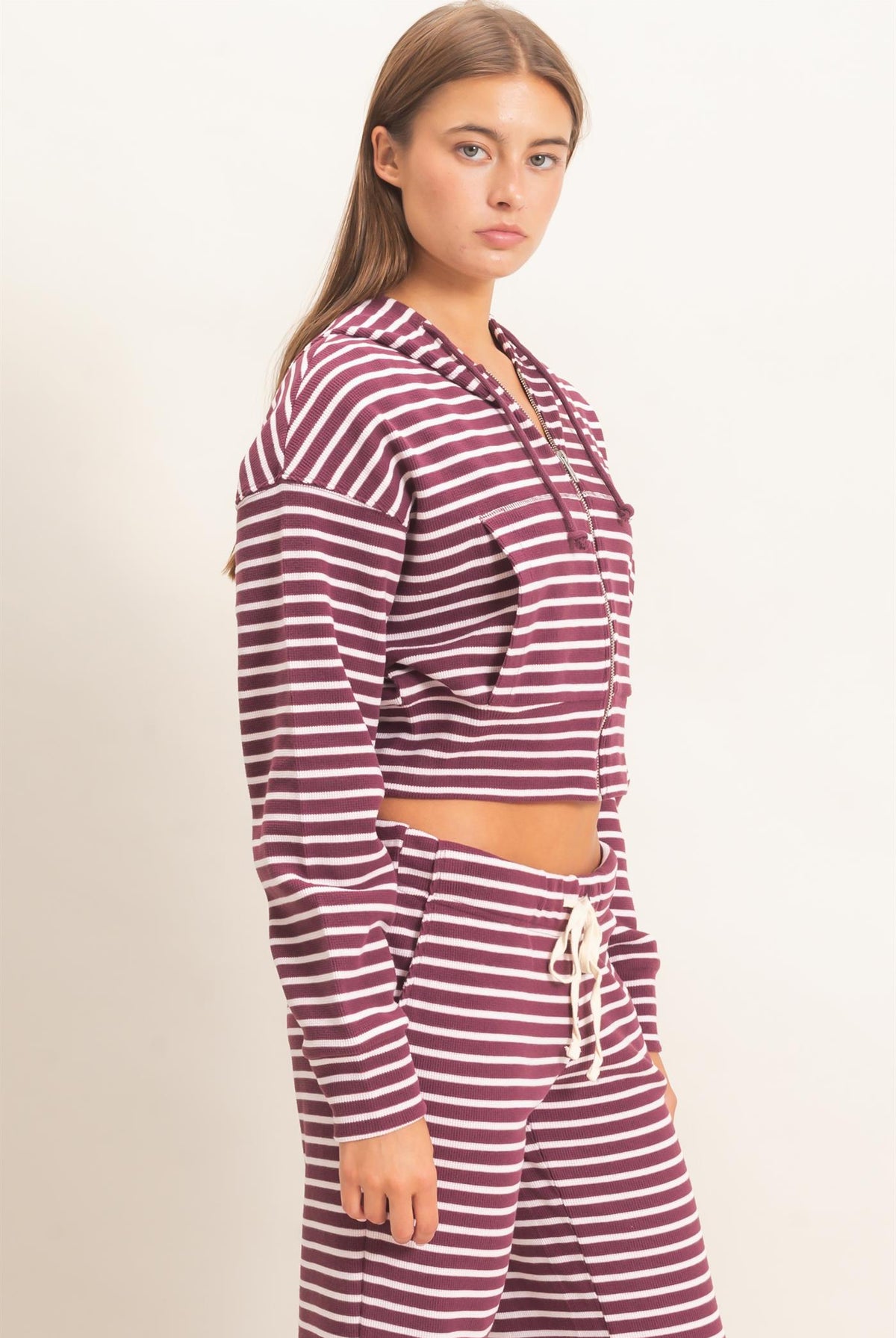 Wholesale Striped Zip-Up Hoodie Hoodies DZ26E433 DARK CHERRY DOUBLE ZERO