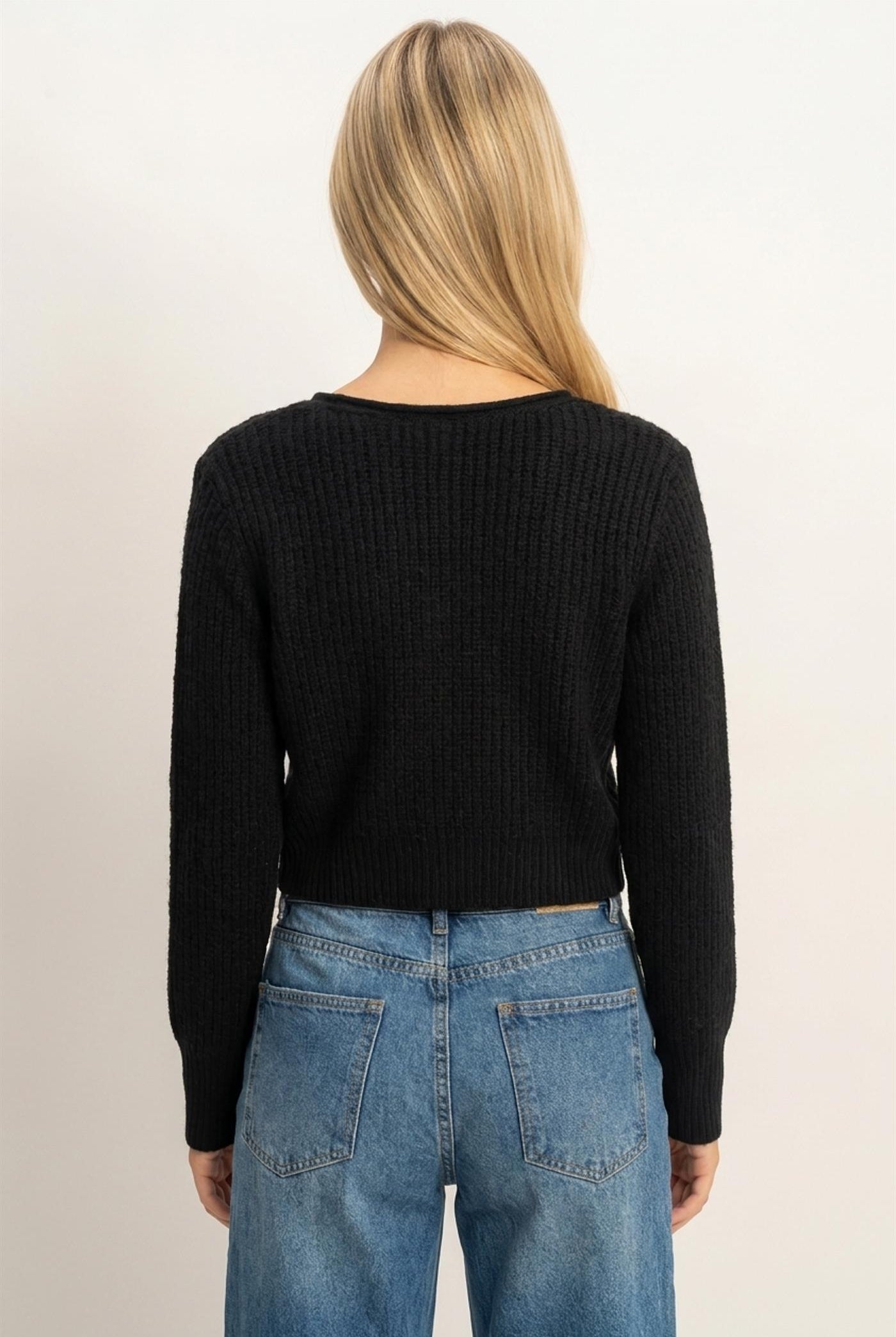 Wholesale V-Neck Ribbed Cardigan Cardigans DZ26E106 BLACK DOUBLE ZERO
