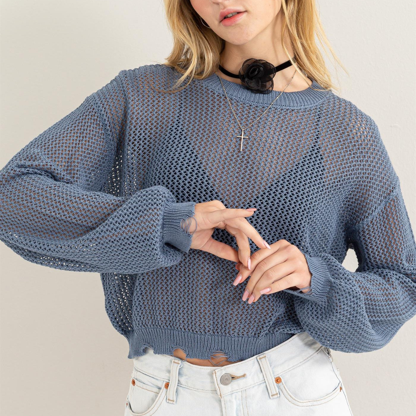 Wholesale Distressed Knit Sweater Clothing Tops DZ24C038 GRAY BLUE DOUBLE ZERO