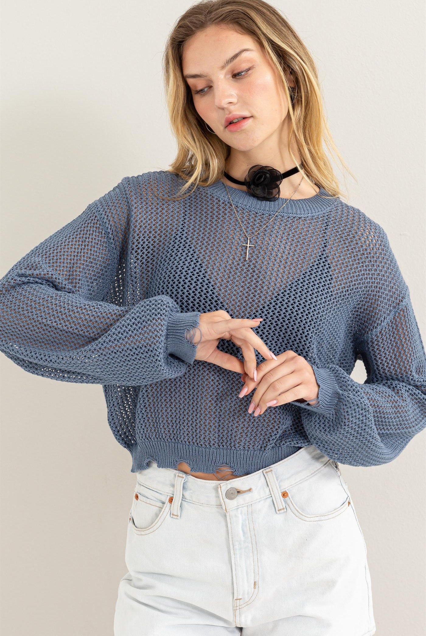 Wholesale Distressed Knit Sweater Clothing Tops DZ24C038 GRAY BLUE DOUBLE ZERO