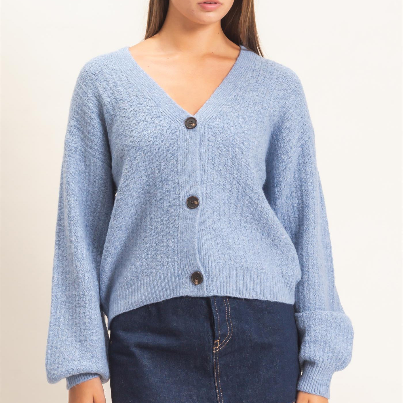Wholesale Textured V-Neck Cardigan Cardigans DZ26E080 DUSTY BLUE DOUBLE ZERO