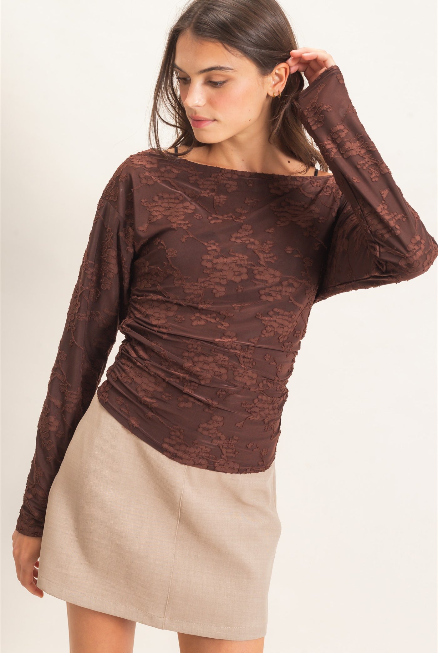 Wholesale Sheer Lace Boat Neck Top Blouses HF26E761 BROWN HYFVE