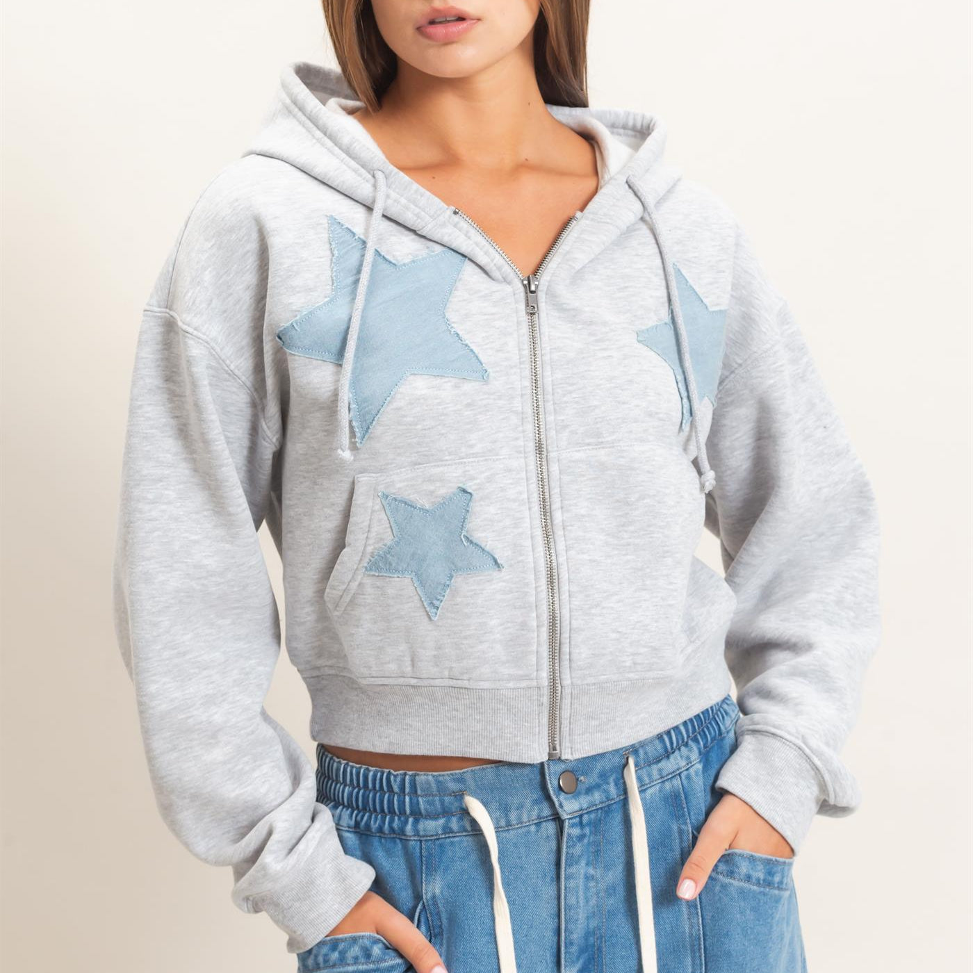 Wholesale Star Patch Zip-Up Hoodie Hoodies DZ26E828 HEATHER GRAY DOUBLE ZERO