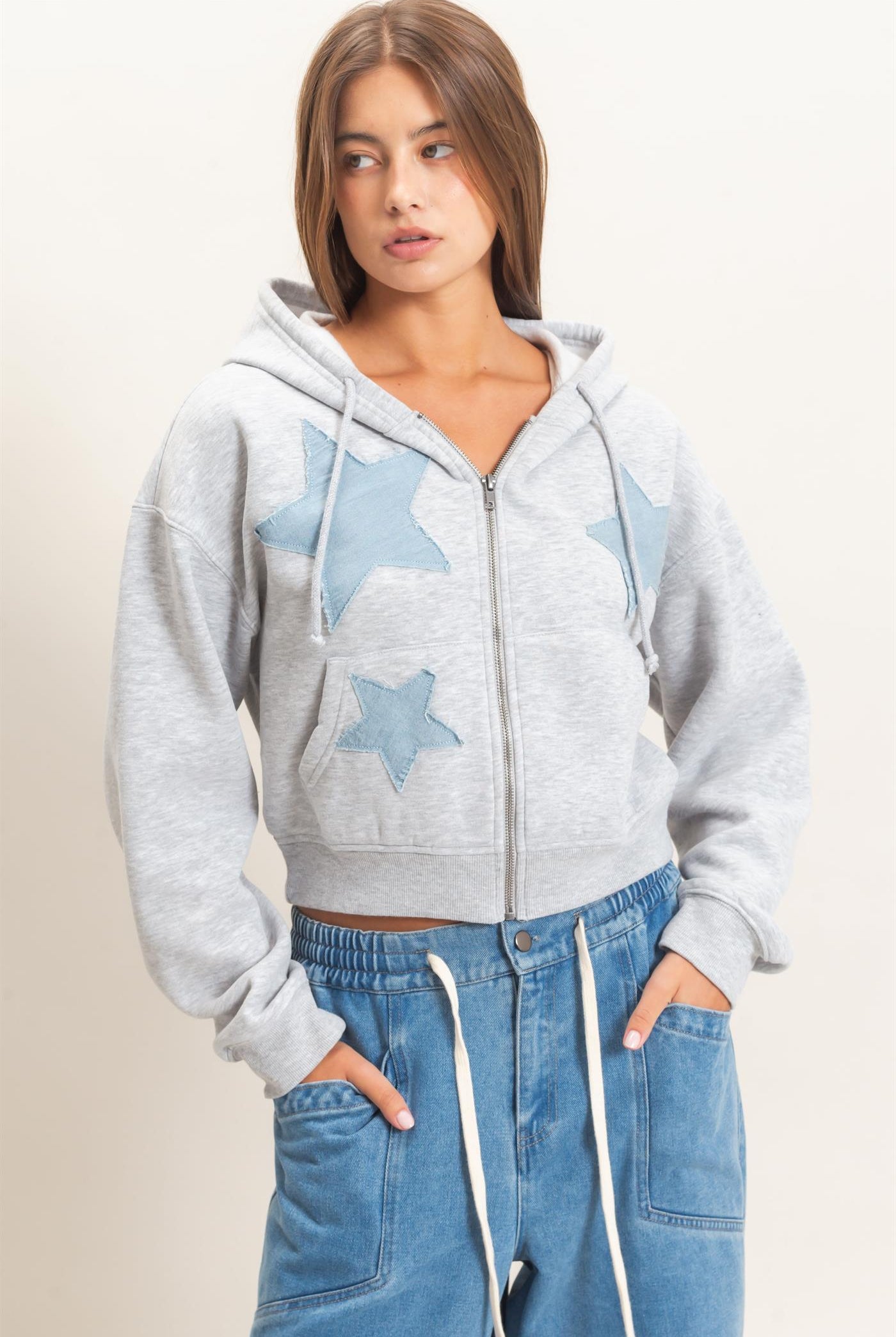 Wholesale Star Patch Zip-Up Hoodie Hoodies DZ26E828 HEATHER GRAY DOUBLE ZERO