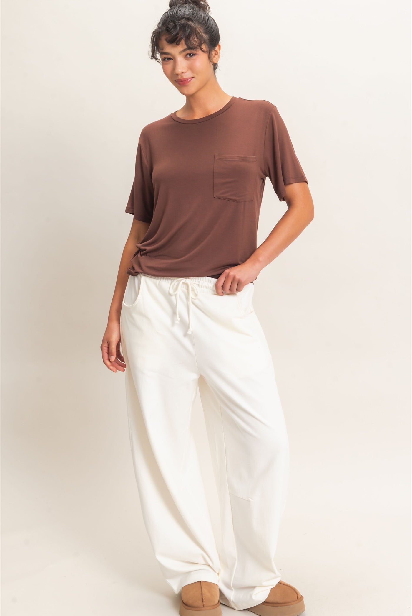 Wholesale Crew Neck Pocket Tee Clothing Tops DZ26E254 DARK BROWN DOUBLE ZERO
