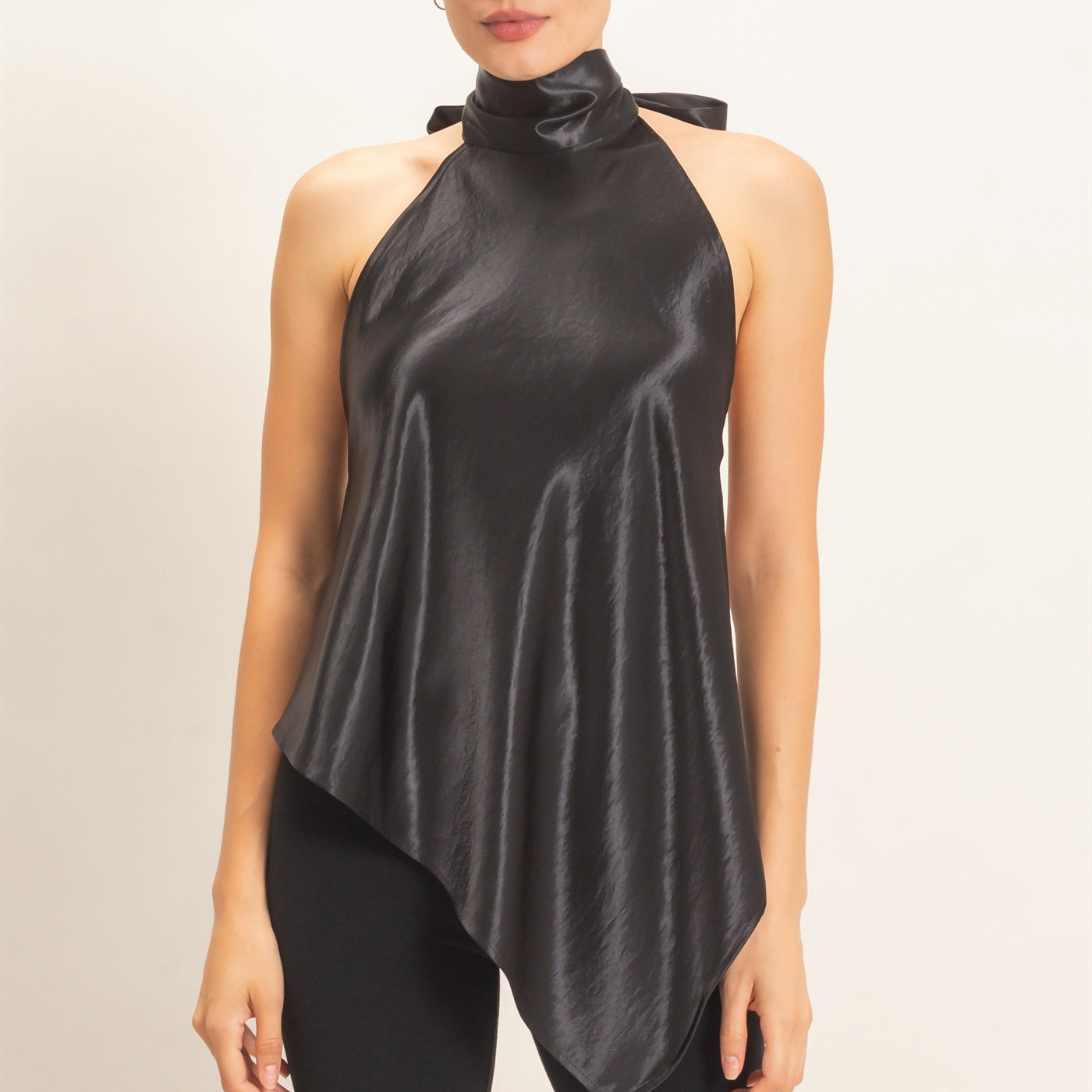 Wholesale Asymmetrical Satin Halter Top Blouses HF26F114 BLACK HYFVE