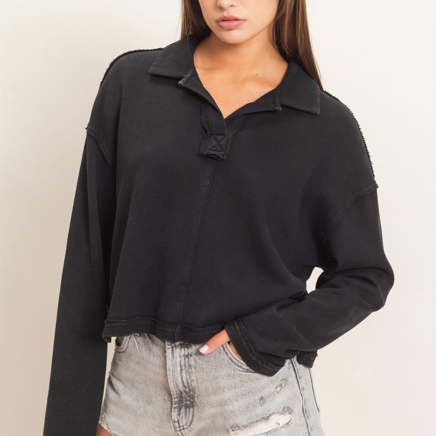 Wholesale Mineral Wash Textured Collar Top Polos DZ26E814 BLACK DOUBLE ZERO