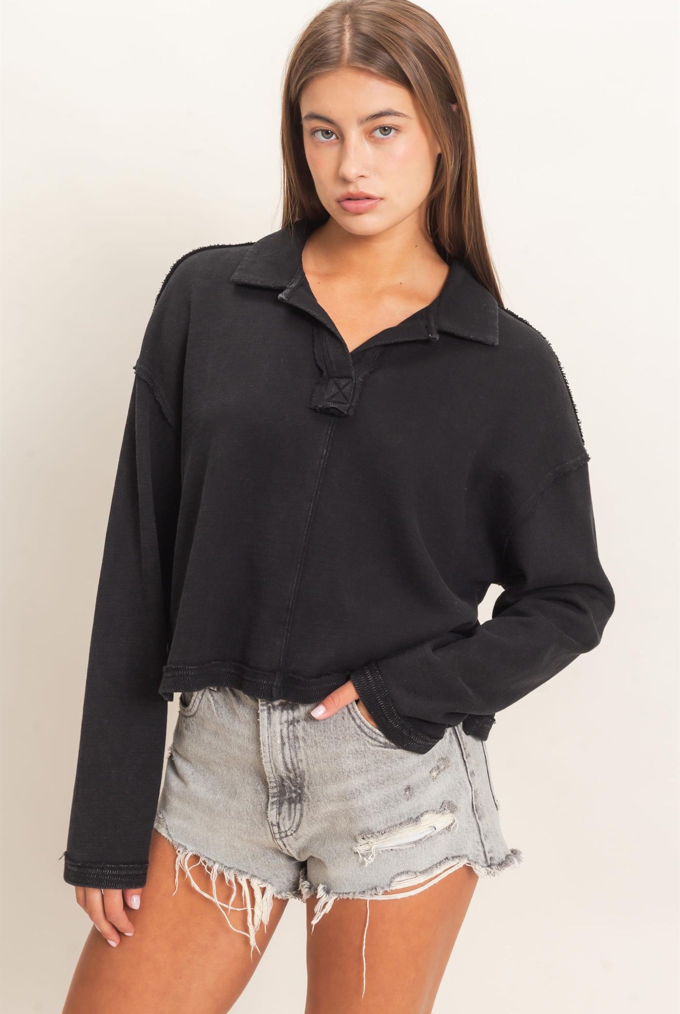 Wholesale Mineral Wash Textured Collar Top Polos DZ26E814 BLACK DOUBLE ZERO