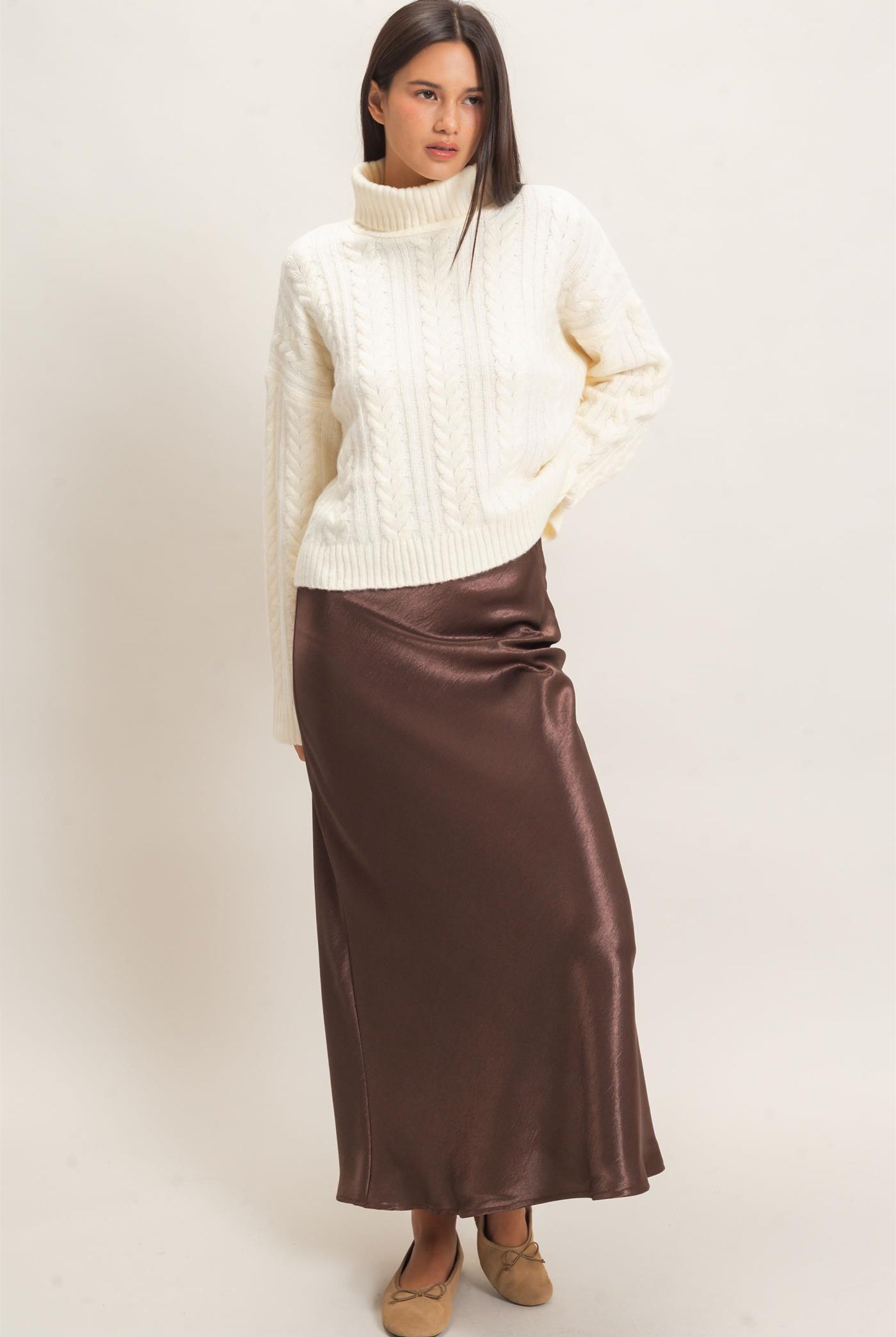 Wholesale Satin Midi Skirt Skirts DZ26C962 DARK BROWN DOUBLE ZERO