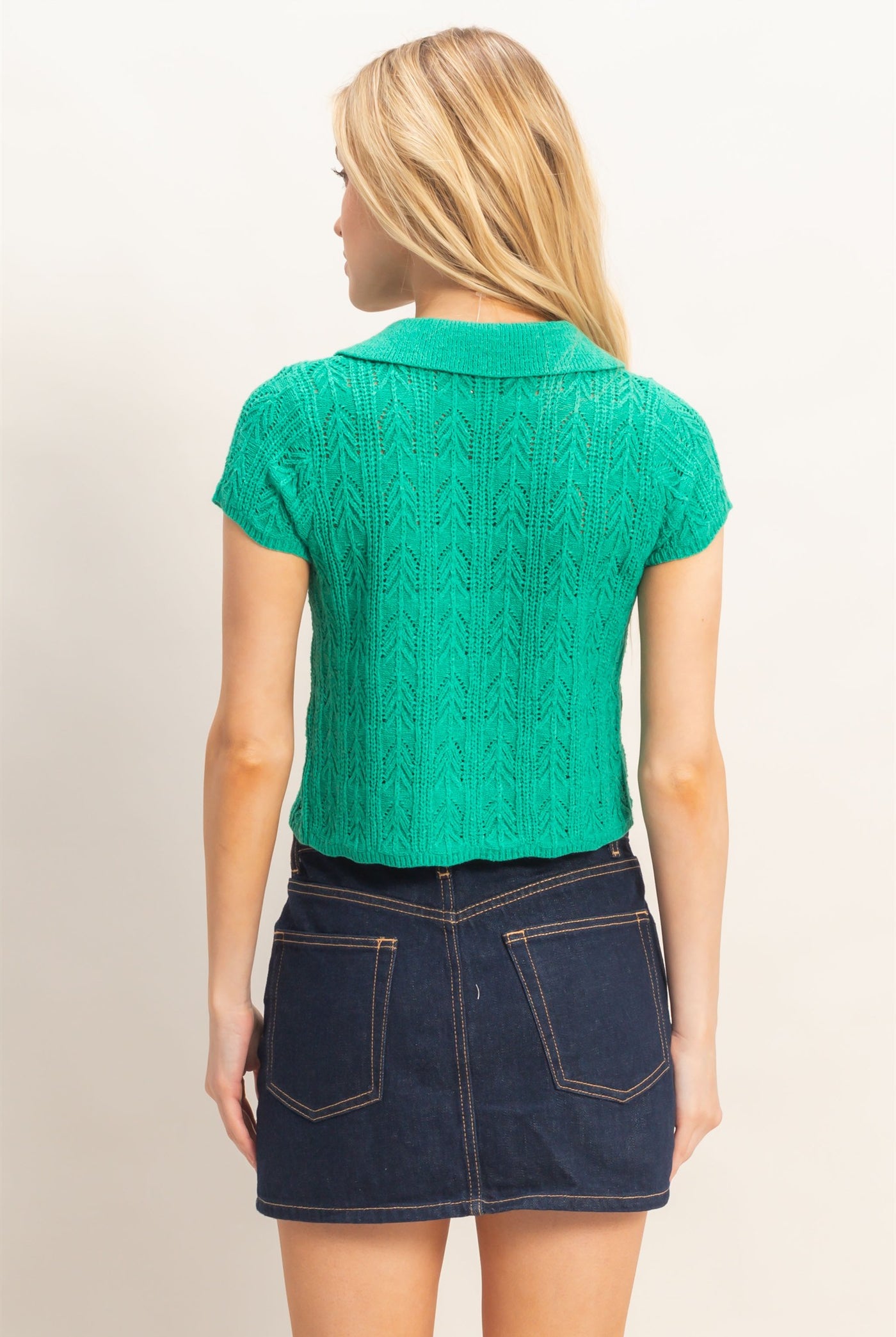 Wholesale Pointelle Knit Collared Cardigan Clothing Tops HF26A856 GREEN HYFVE