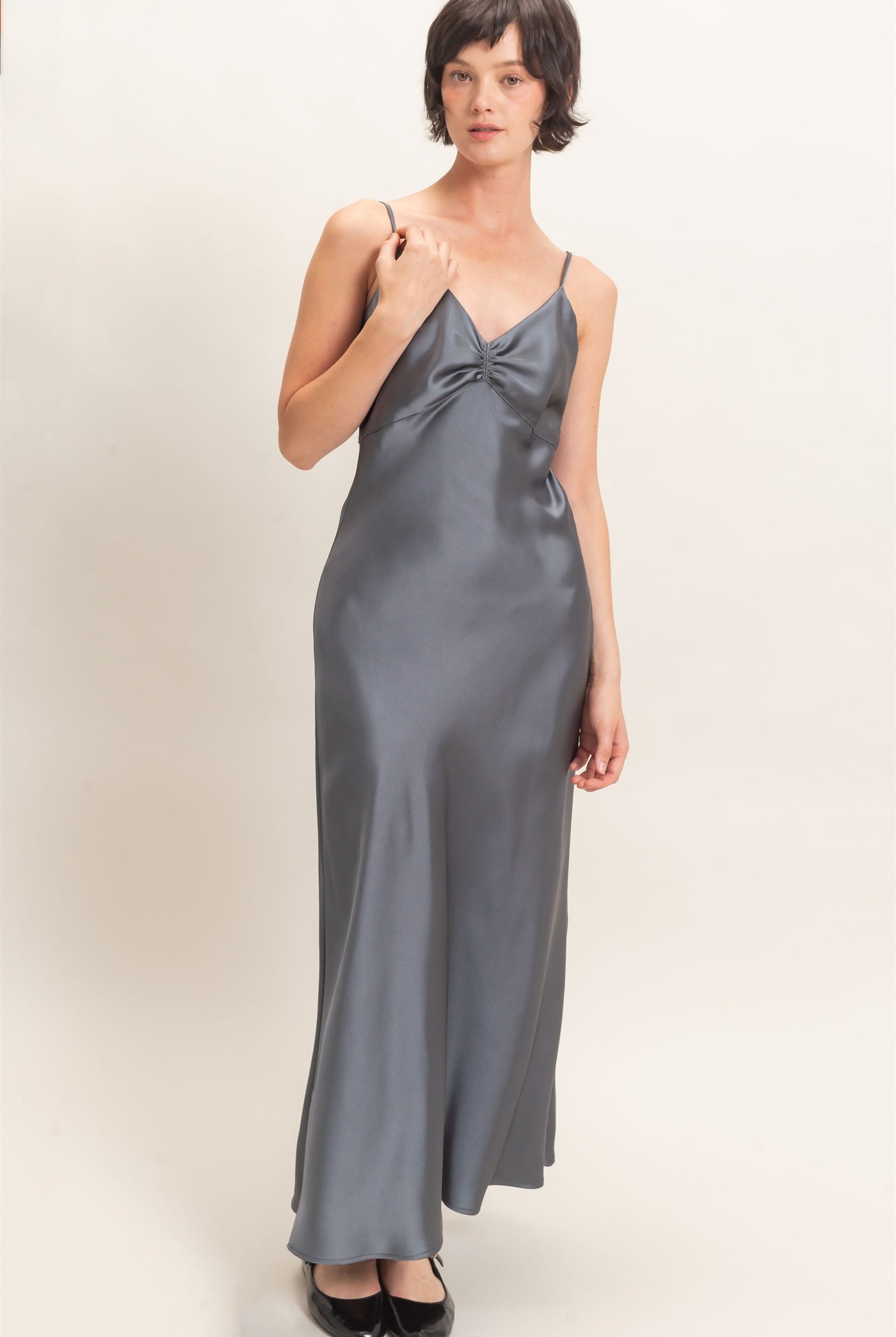 Wholesale Satin Slip Dress With Spaghetti Straps Dresses DZ26E380 DARK GRAY DOUBLE ZERO
