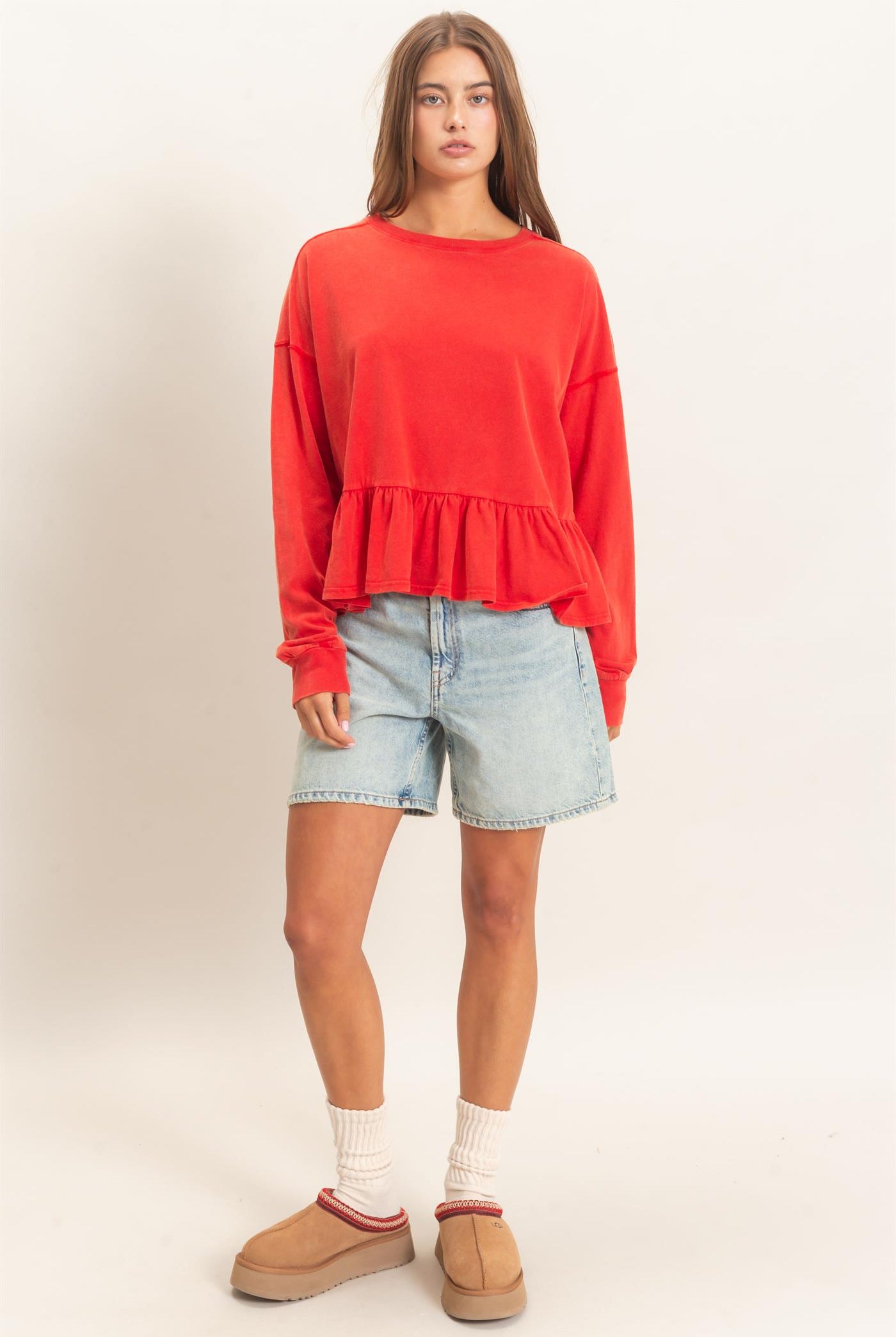 Wholesale Peplum Long Sleeve Top Clothing Tops DZ26F397 RED DOUBLE ZERO