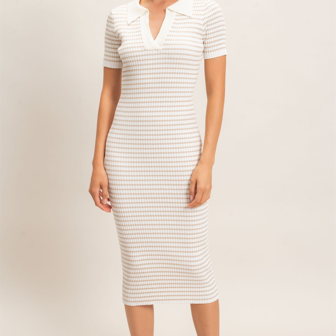 Wholesale Ribbed Collared Midi Dress Dresses HF26E216 CREAM HYFVE