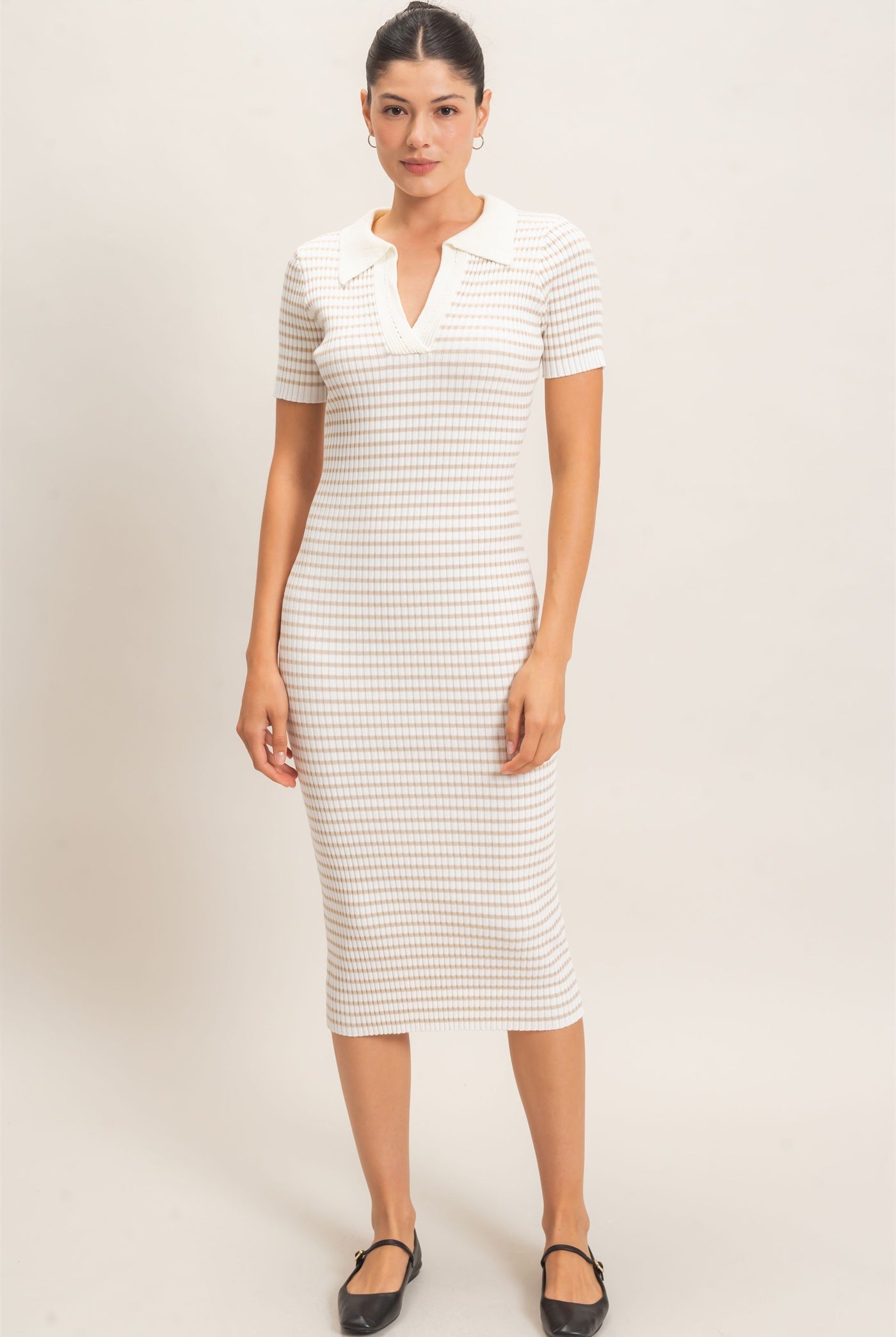 Wholesale Ribbed Collared Midi Dress Dresses HF26E216 CREAM HYFVE