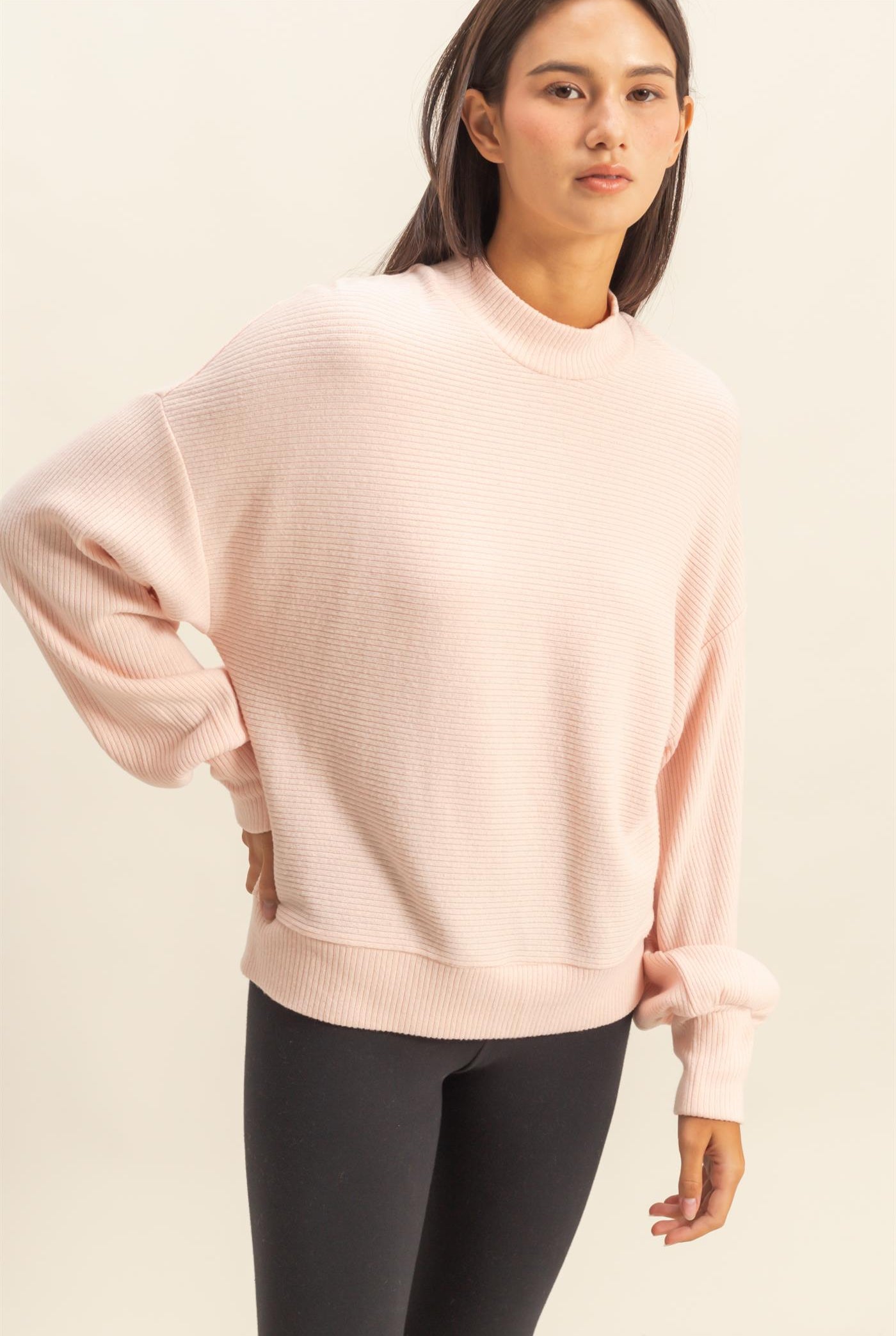 Wholesale Ribbed Balloon Sleeve Top Clothing Tops DZ24A099 DUSTY PINK DOUBLE ZERO