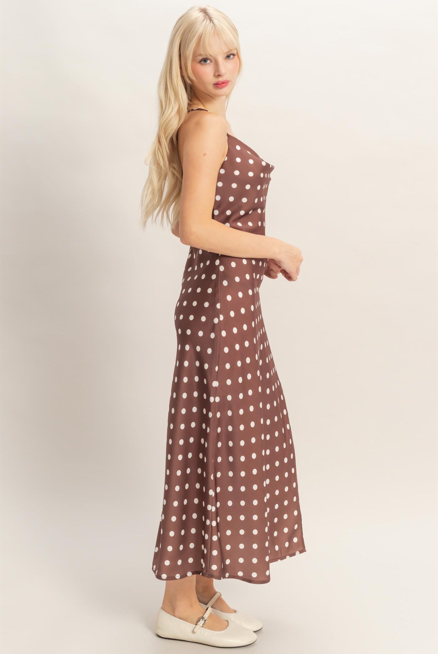 Wholesale Polka Dot Spaghetti Strap Cowl Neck Midi Dress Dresses DZ26C049 CHOCOLATE DOUBLE ZERO