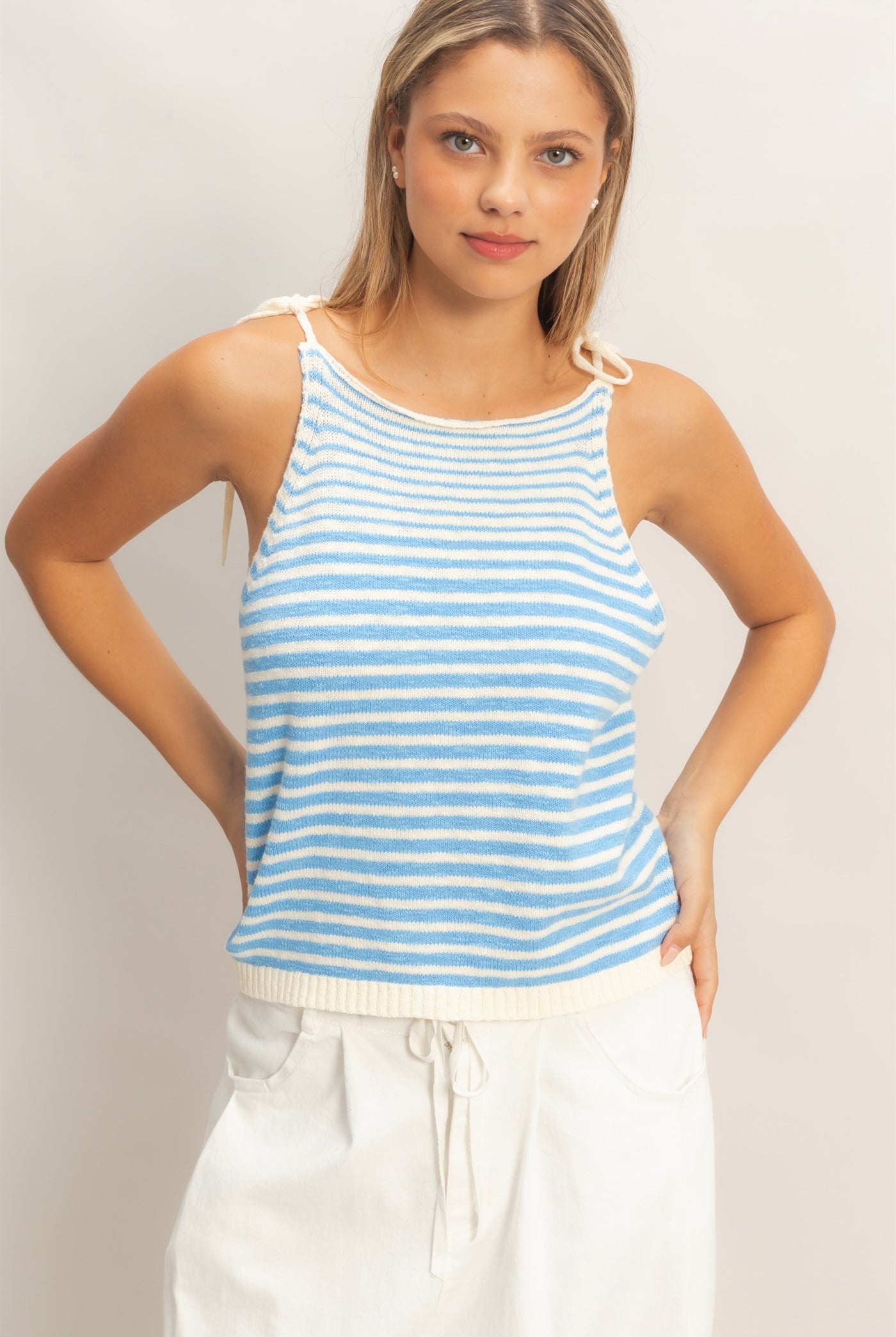 Wholesale Striped Knit Tie-Strap Tank Sweaters HF26A184 SKY BLUE HYFVE