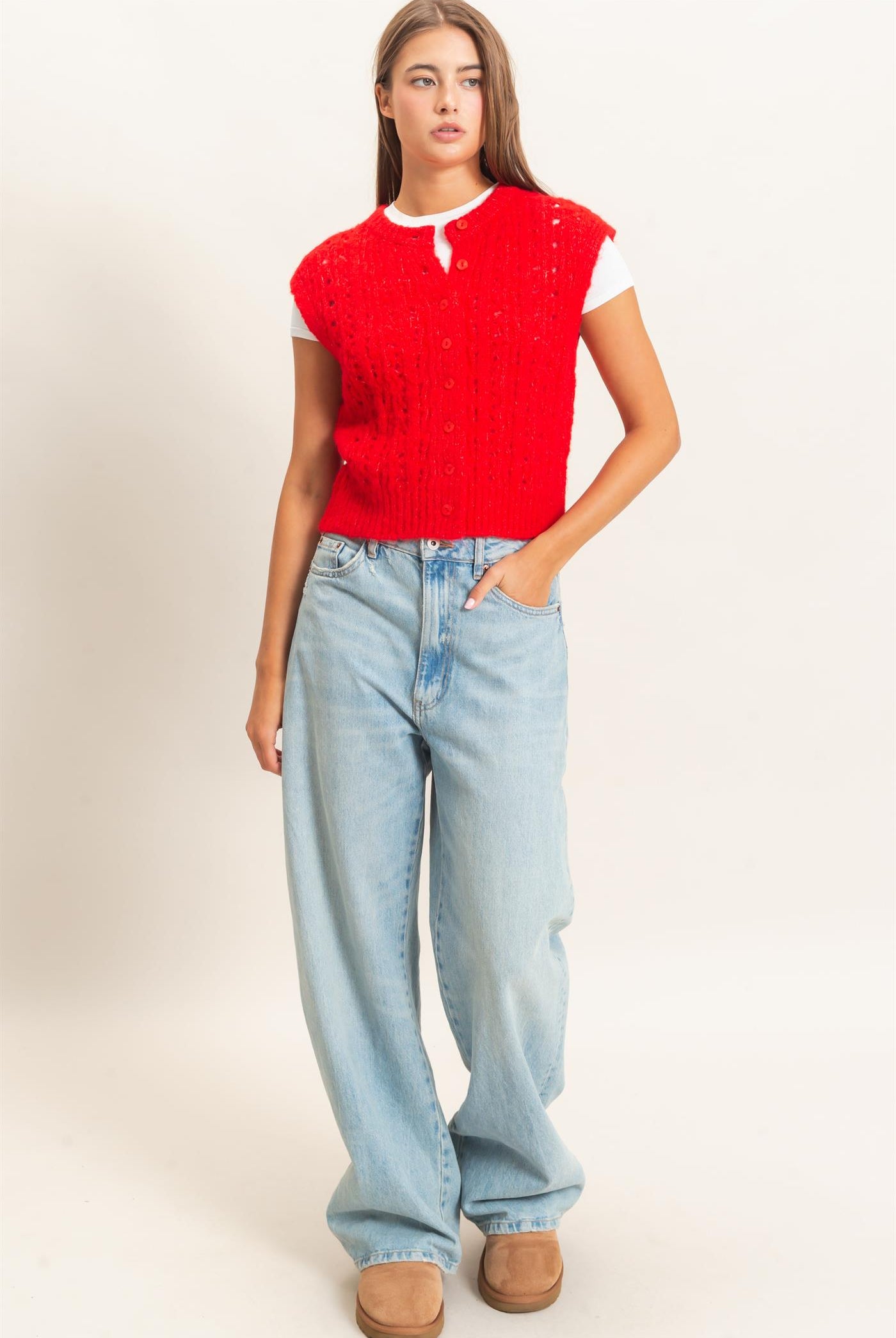 Wholesale Open Knit Sleeveless Button Front Sweater Vest Sweaters DZ26A829 RED DOUBLE ZERO