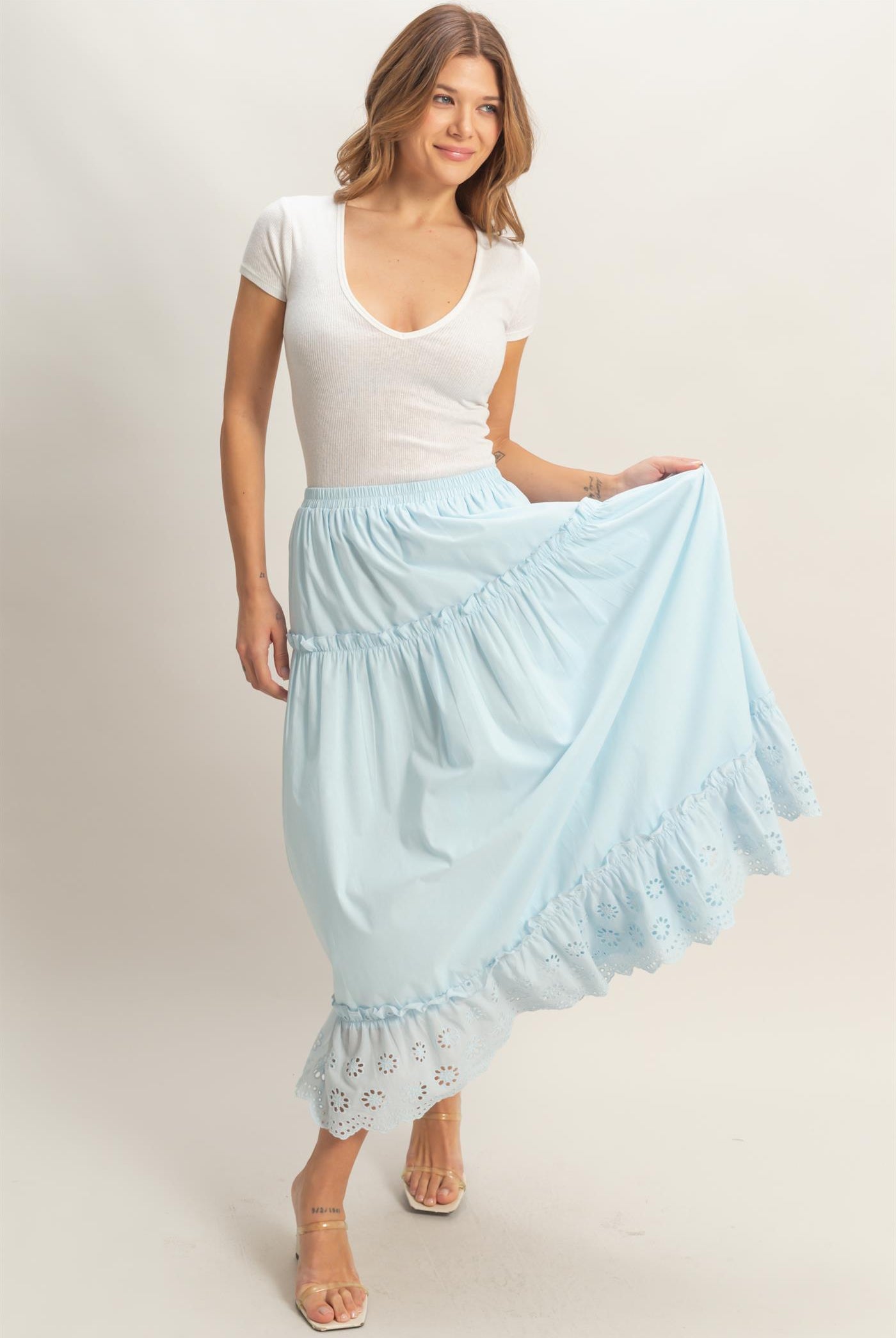 Wholesale Tiered Eyelet Maxi Skirt Skirts HF26C313 LIGHT BLUE HYFVE