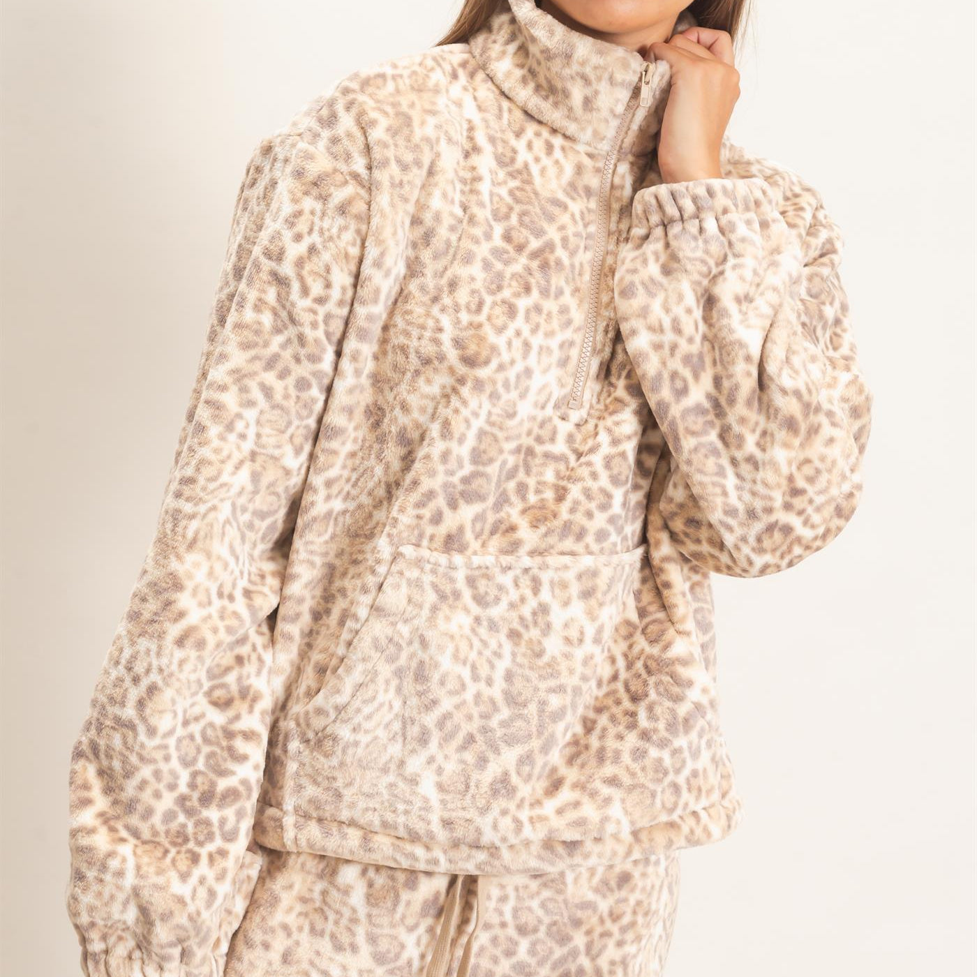 Wholesale Leopard Print Fleece Half Zip Pullover Sweaters DZ26E830 BEIGE DOUBLE ZERO
