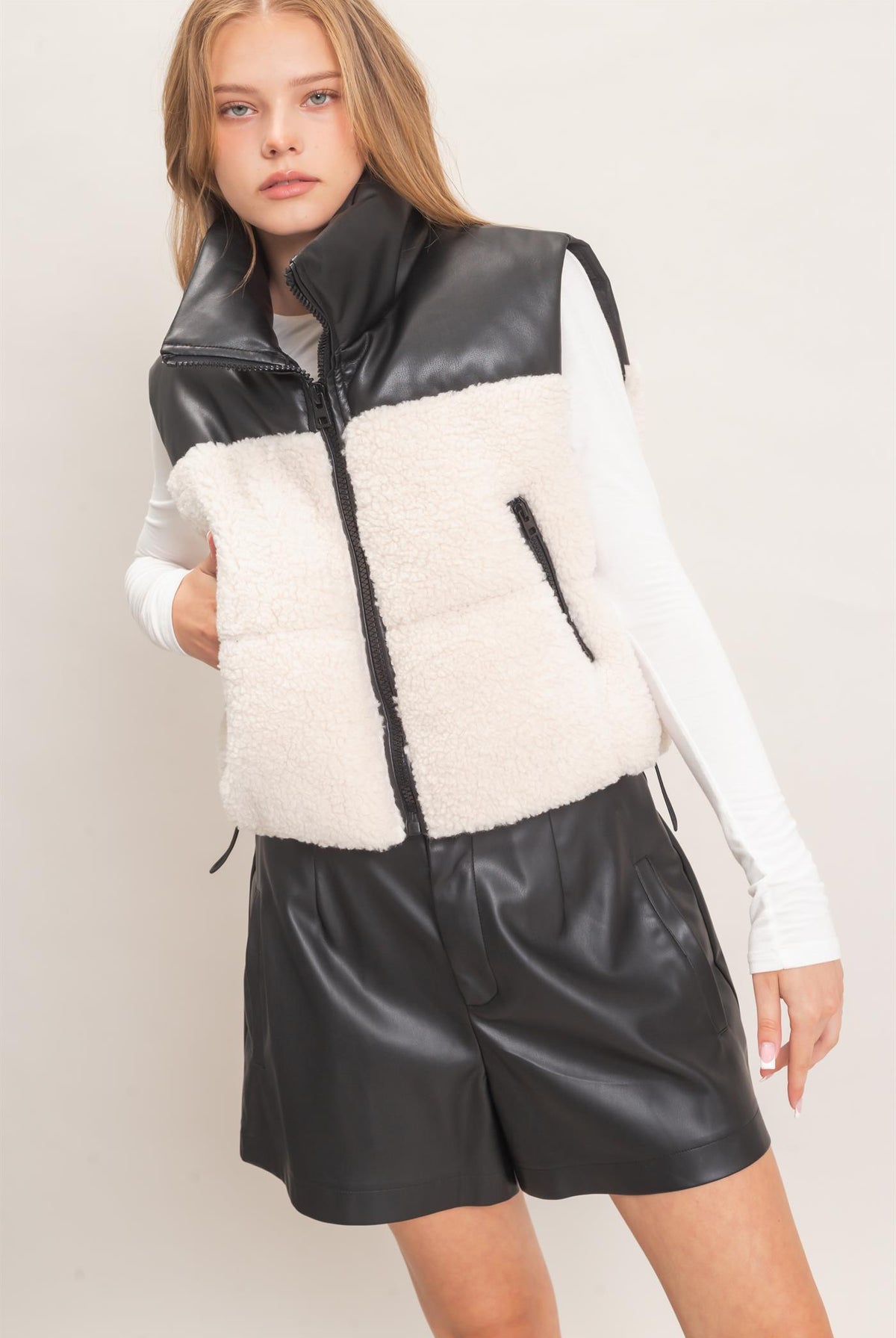 Wholesale Faux Fur & Pu Padded Vest Outerwear HF26F204 CREAM HYFVE