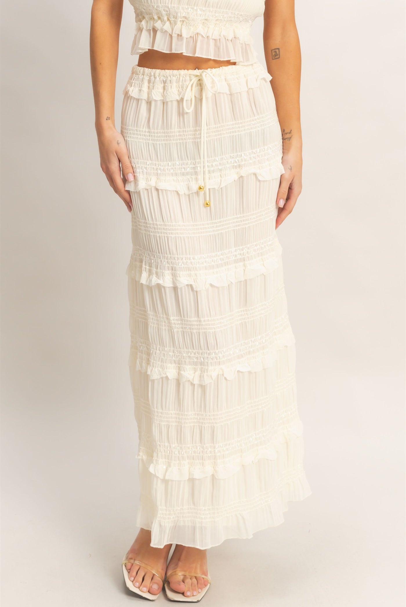 Wholesale Tiered Ruffle Midi Skirt Skirts HF25E833 CREAM HYFVE