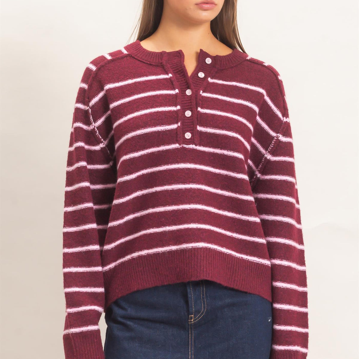 Wholesale Stripe Henley Sweater Sweaters DZ26F002 DARK CHERRY DOUBLE ZERO