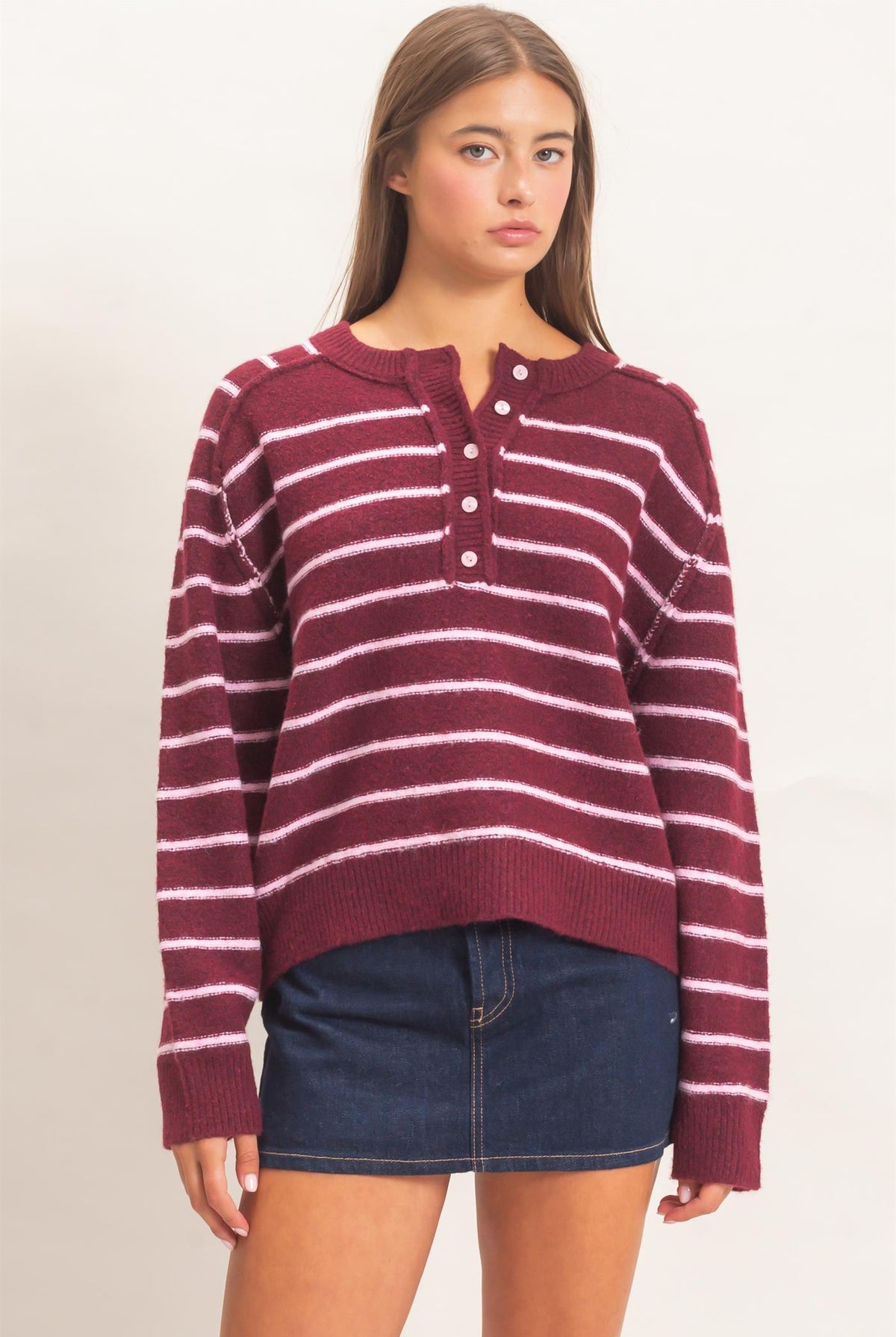 Wholesale Stripe Henley Sweater Sweaters DZ26F002 DARK CHERRY DOUBLE ZERO