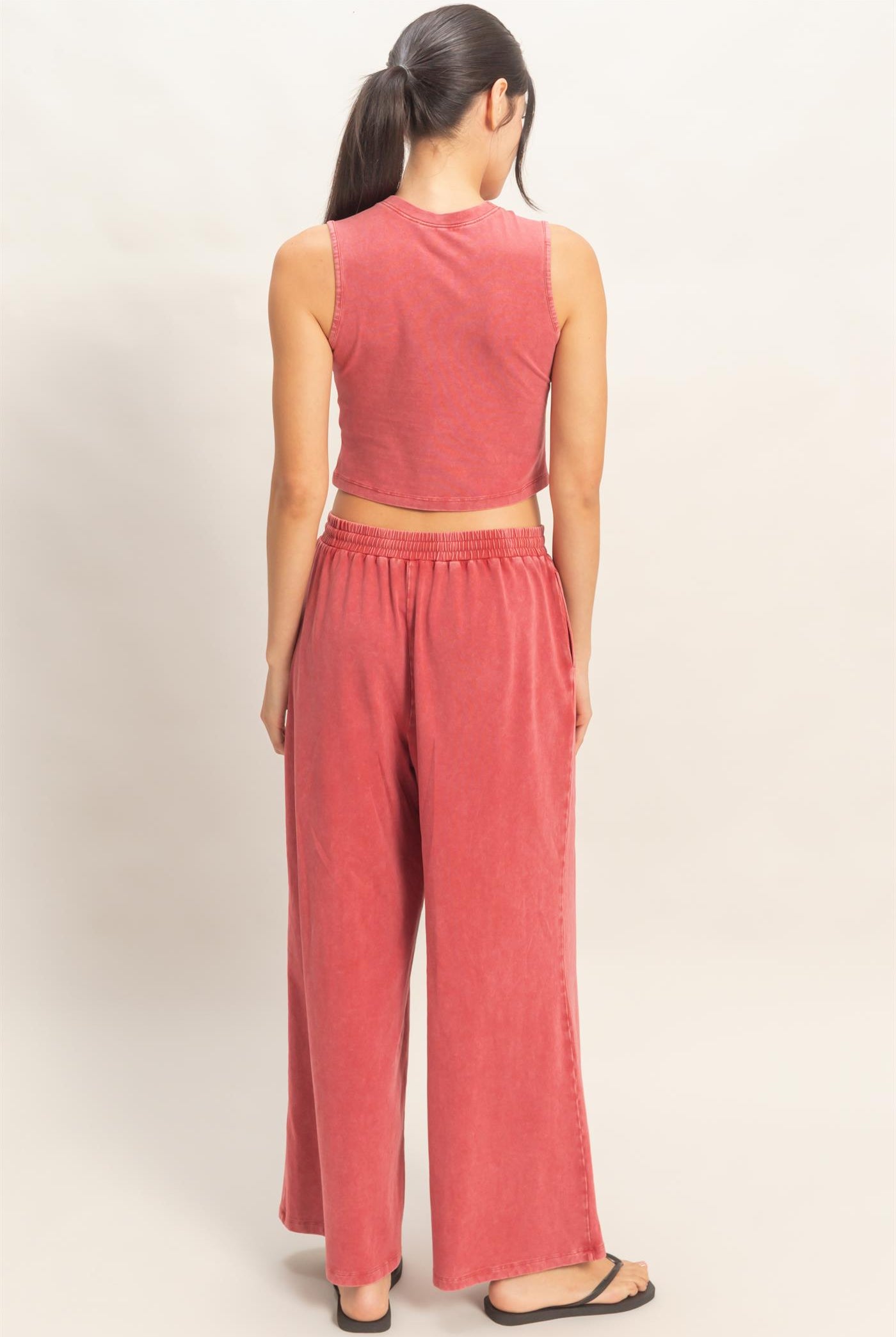 Wholesale Mineral Washed Sleeveless Top & Wide Leg Pants Set Clothing DZ26A371-SET DARK RED DOUBLE ZERO