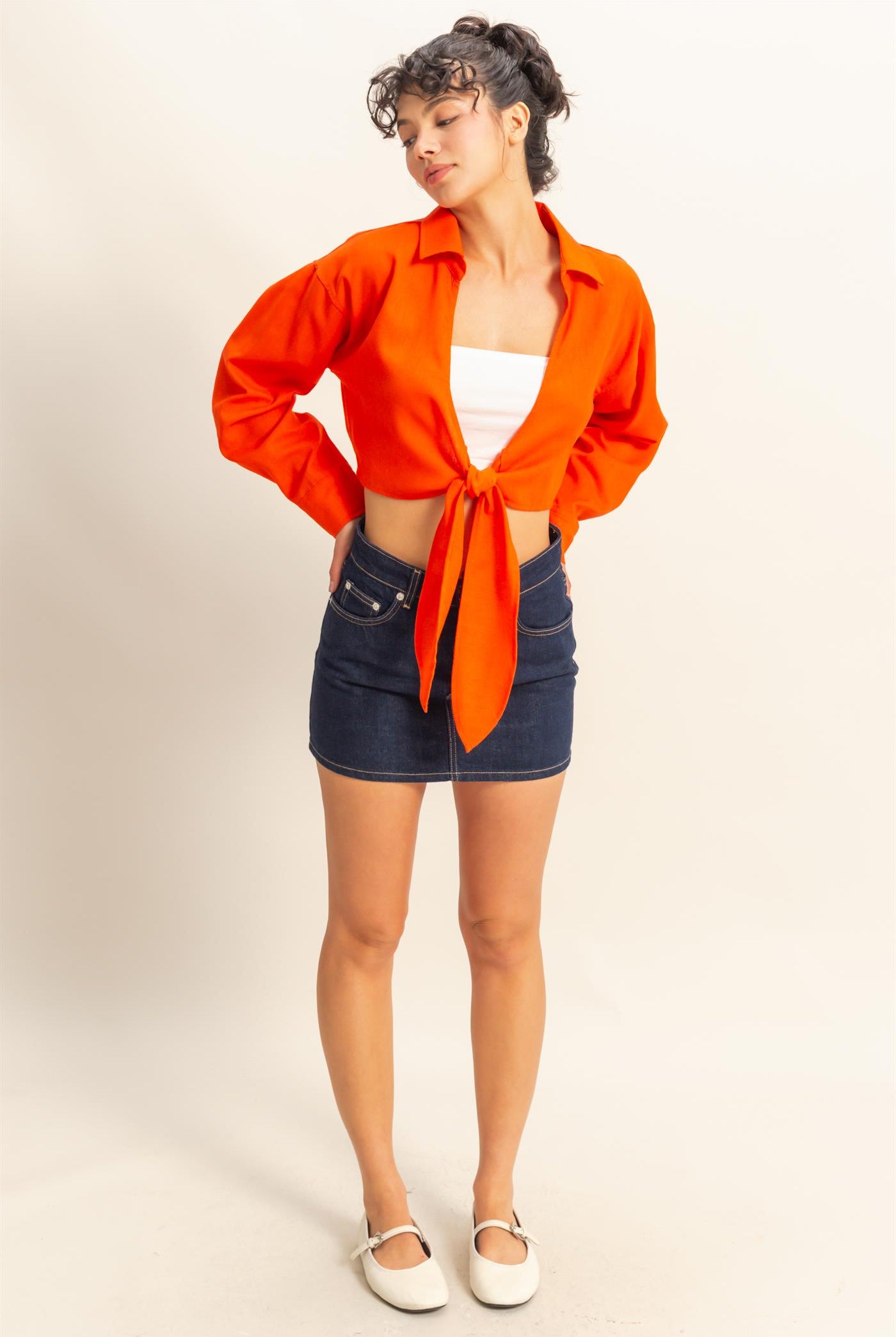 Wholesale Sand Washed Tie Front Crop Top Blouses DZ24C963 TOMATO DOUBLE ZERO
