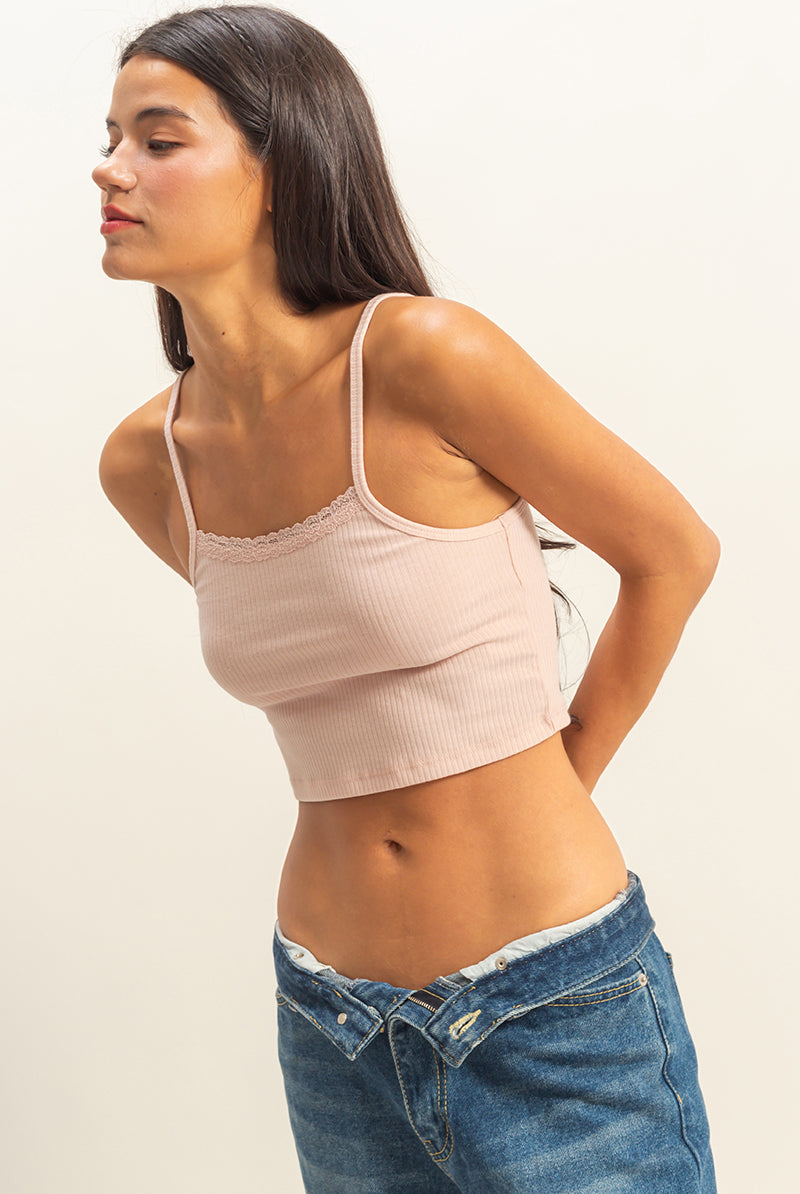 Wholesale Ribbed Lace Detail Cami Crop Top Clothing Tops DZ22C573 PASTEL PINK DOUBLE ZERO