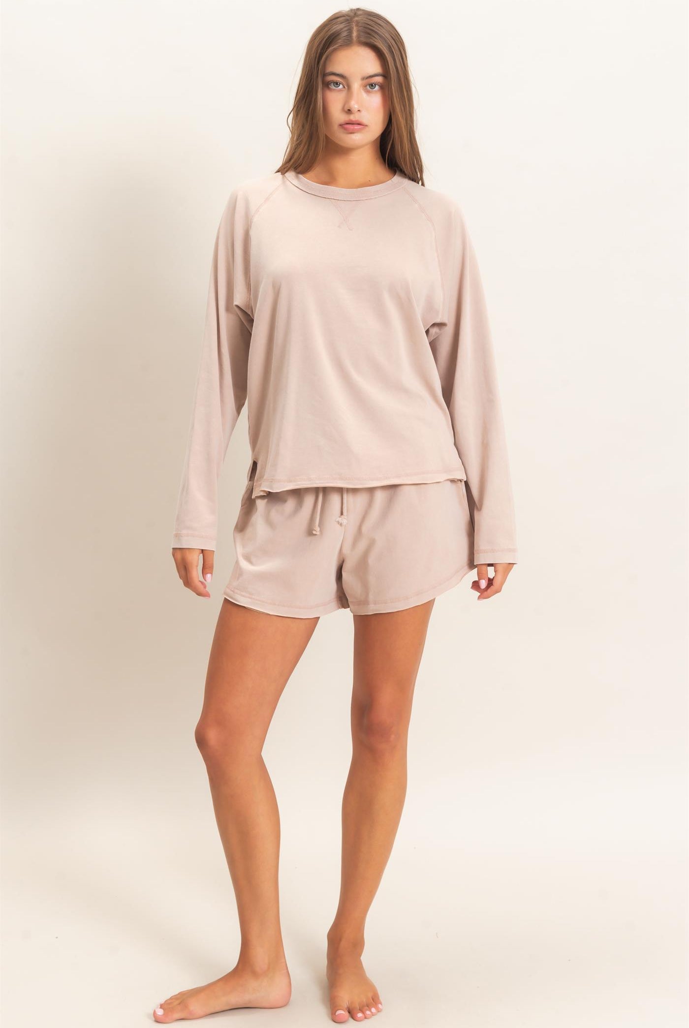 Wholesale Mineral Wash Long Sleeve Raw Edge Top & Shorts Set Clothing DZ26F403-SET DARK TAUPE DOUBLE ZERO