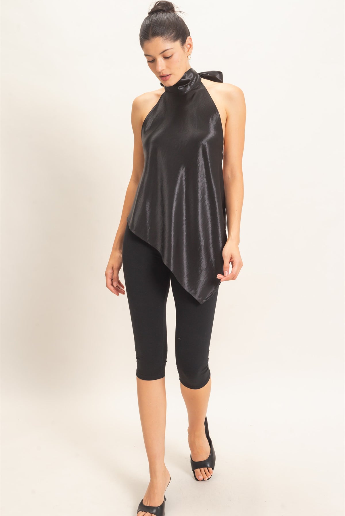 Wholesale Asymmetrical Satin Halter Top Blouses HF26F114 BLACK HYFVE