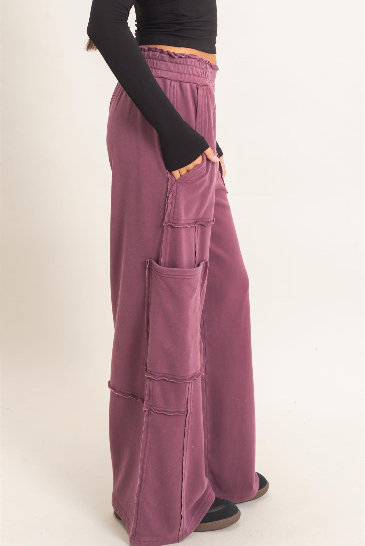 Wholesale Mineral Wash Cargo Pocket Pants Pants DZ26C963 DARK CHERRY DOUBLE ZERO