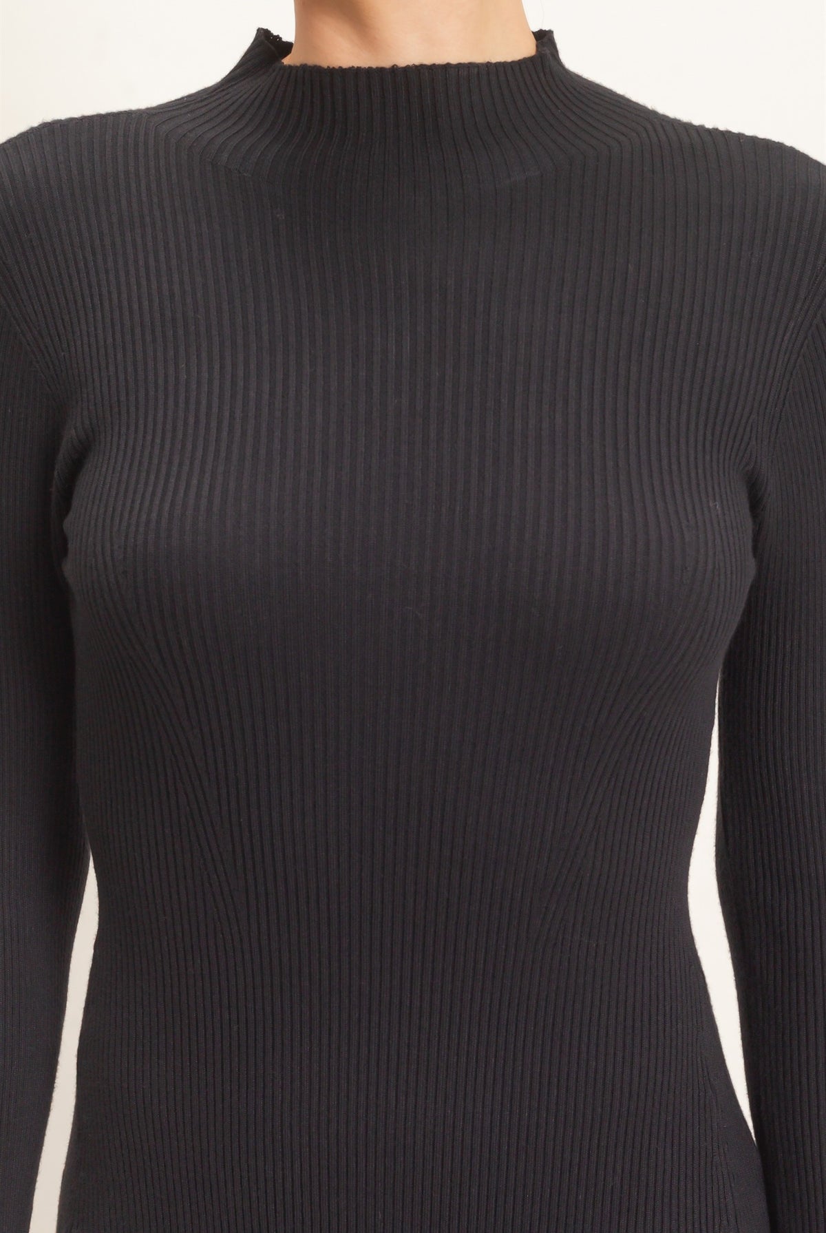 Wholesale Ribbed Mock Neck Long Sleeve Midi Dress Dresses HF26F156-D BLACK HYFVE