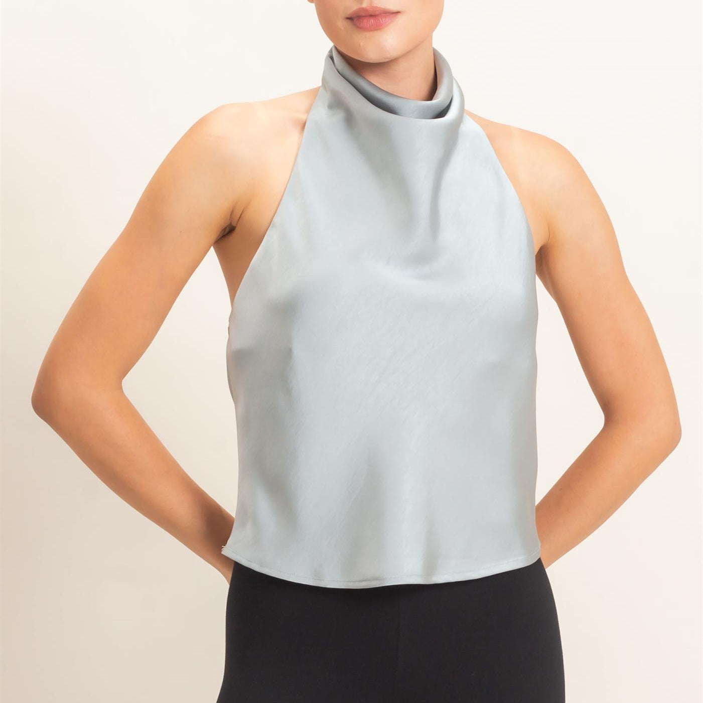 Wholesale Draped Halter Satin Top Blouses HF26E632 MISTY BLUE HYFVE