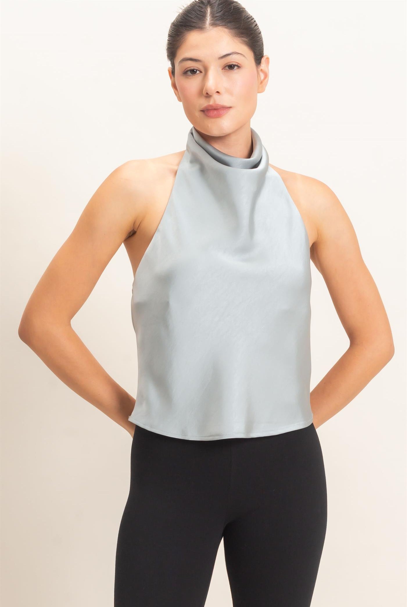 Wholesale Draped Halter Satin Top Blouses HF26E632 MISTY BLUE HYFVE