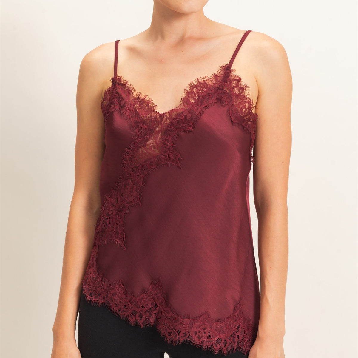 Wholesale Asymmetrical Satin Lace Top Camisoles HF26C945-D BURGUNDY HYFVE