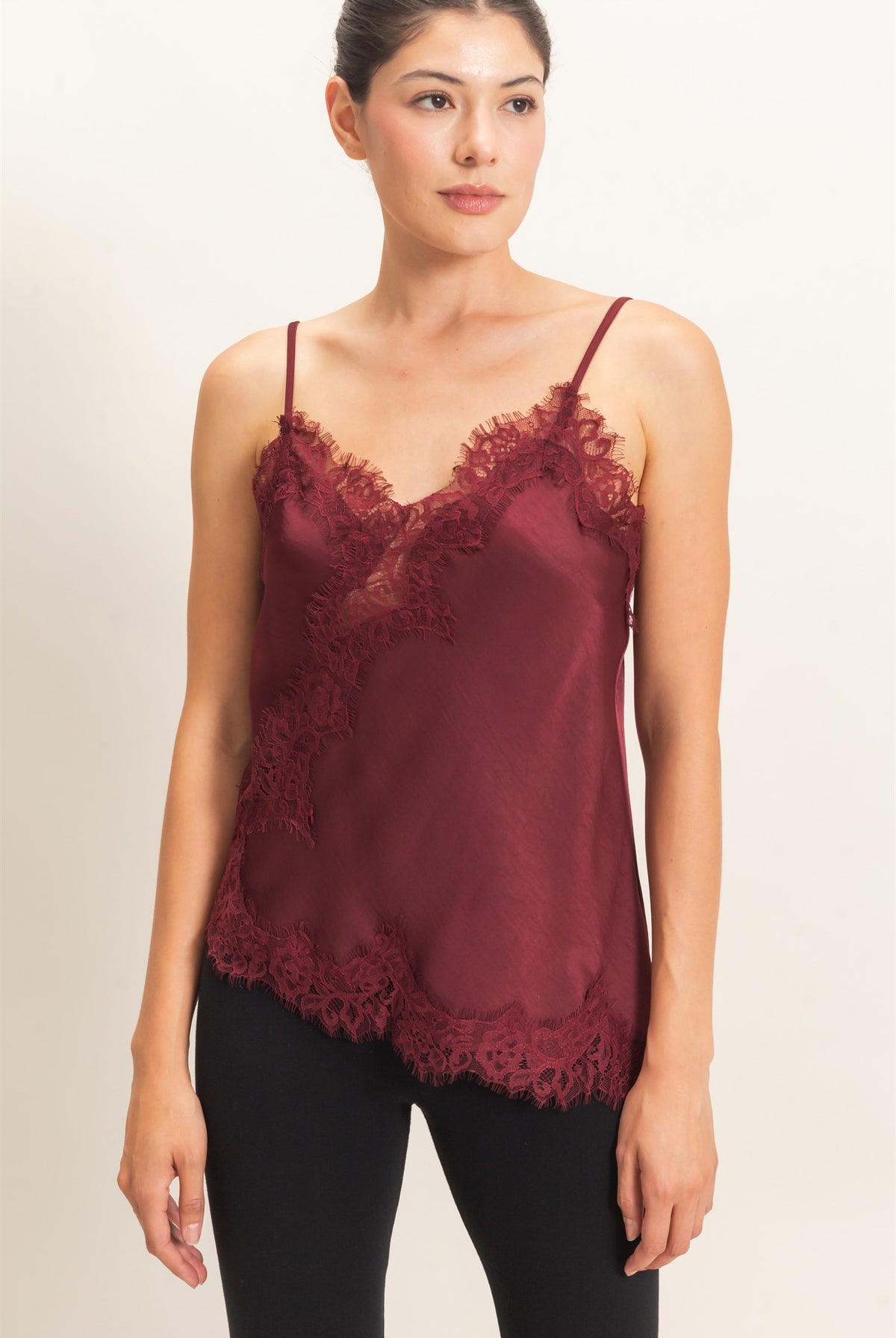 Wholesale Asymmetrical Satin Lace Top Camisoles HF26C945-D BURGUNDY HYFVE