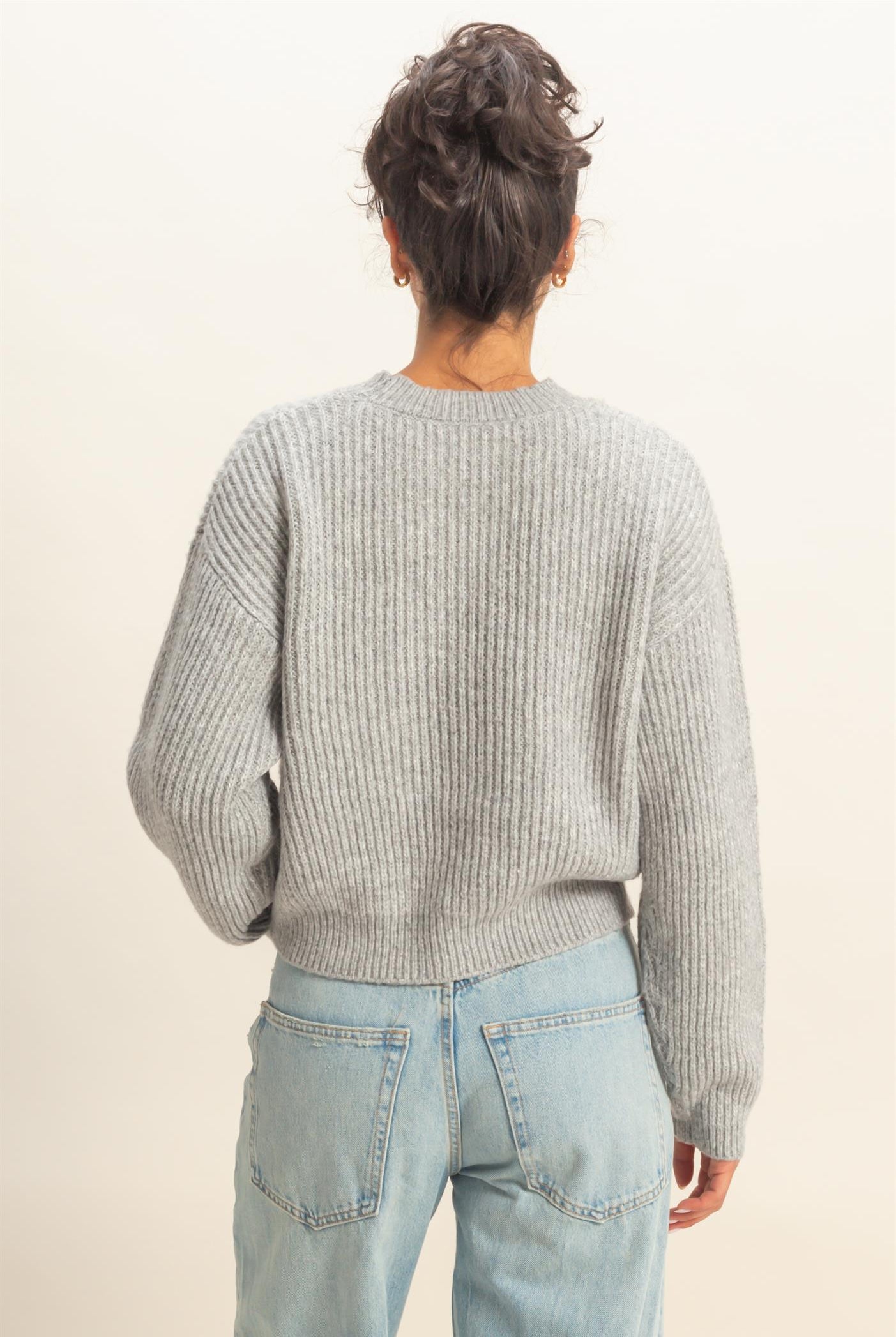 Wholesale Ribbed Crew Neck Sweater Sweaters DZ25F006 HEATHER GRAY DOUBLE ZERO