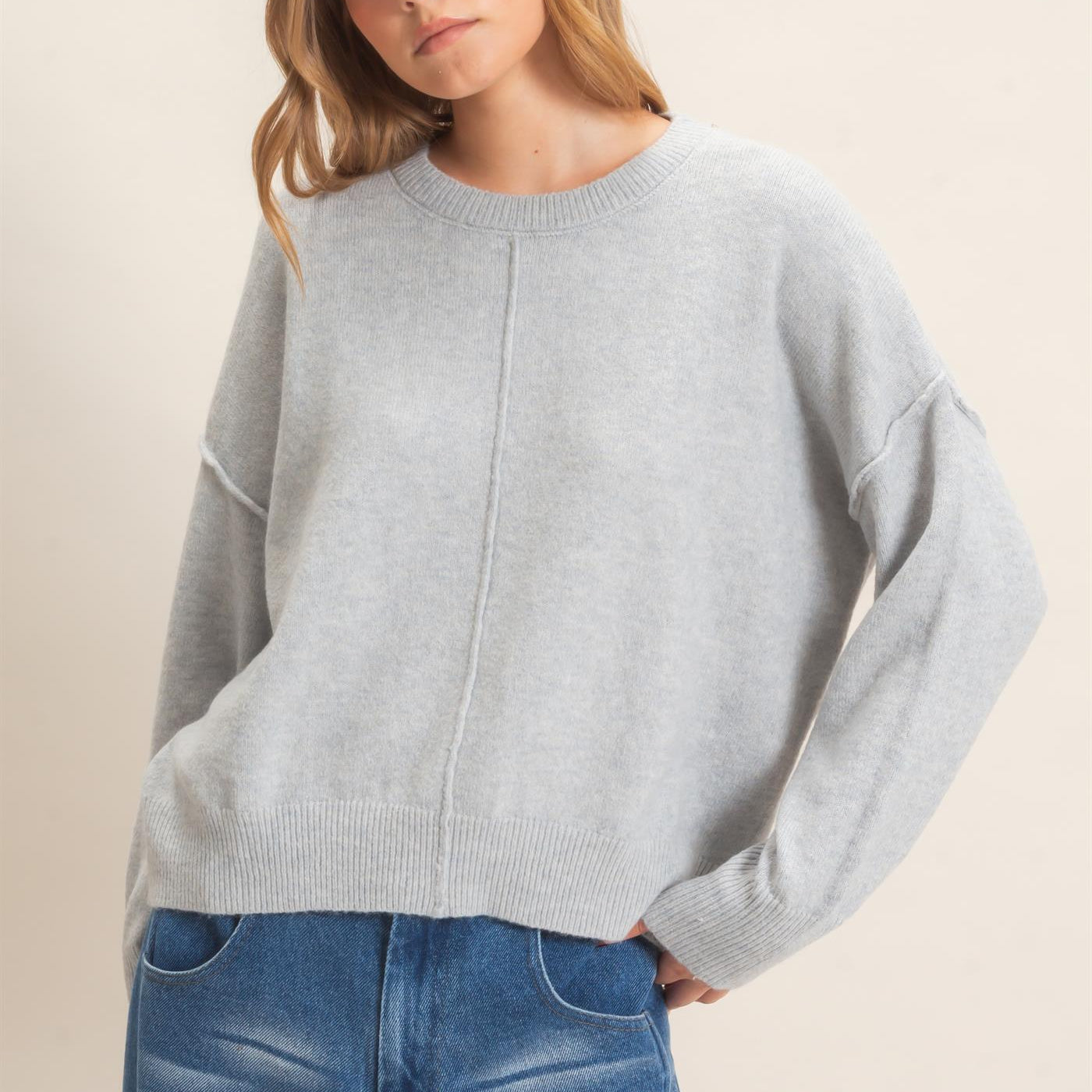 Wholesale Crew Neck Sweater With Ribbed Hem Sweaters HF26E203-D MISTY BLUE HYFVE