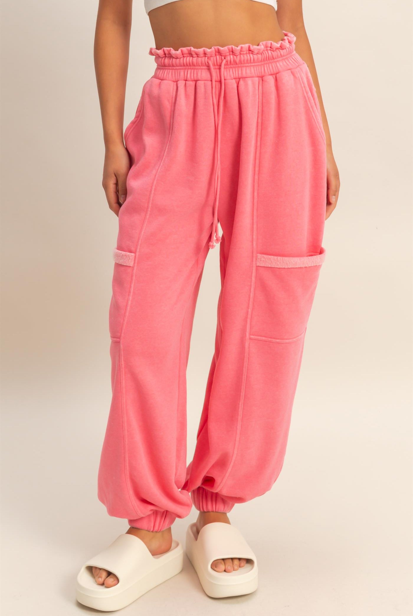 Wholesale Ruffle Waist Burnout Jogger Pants Joggers DZ26A685 TAFFY PINK DOUBLE ZERO