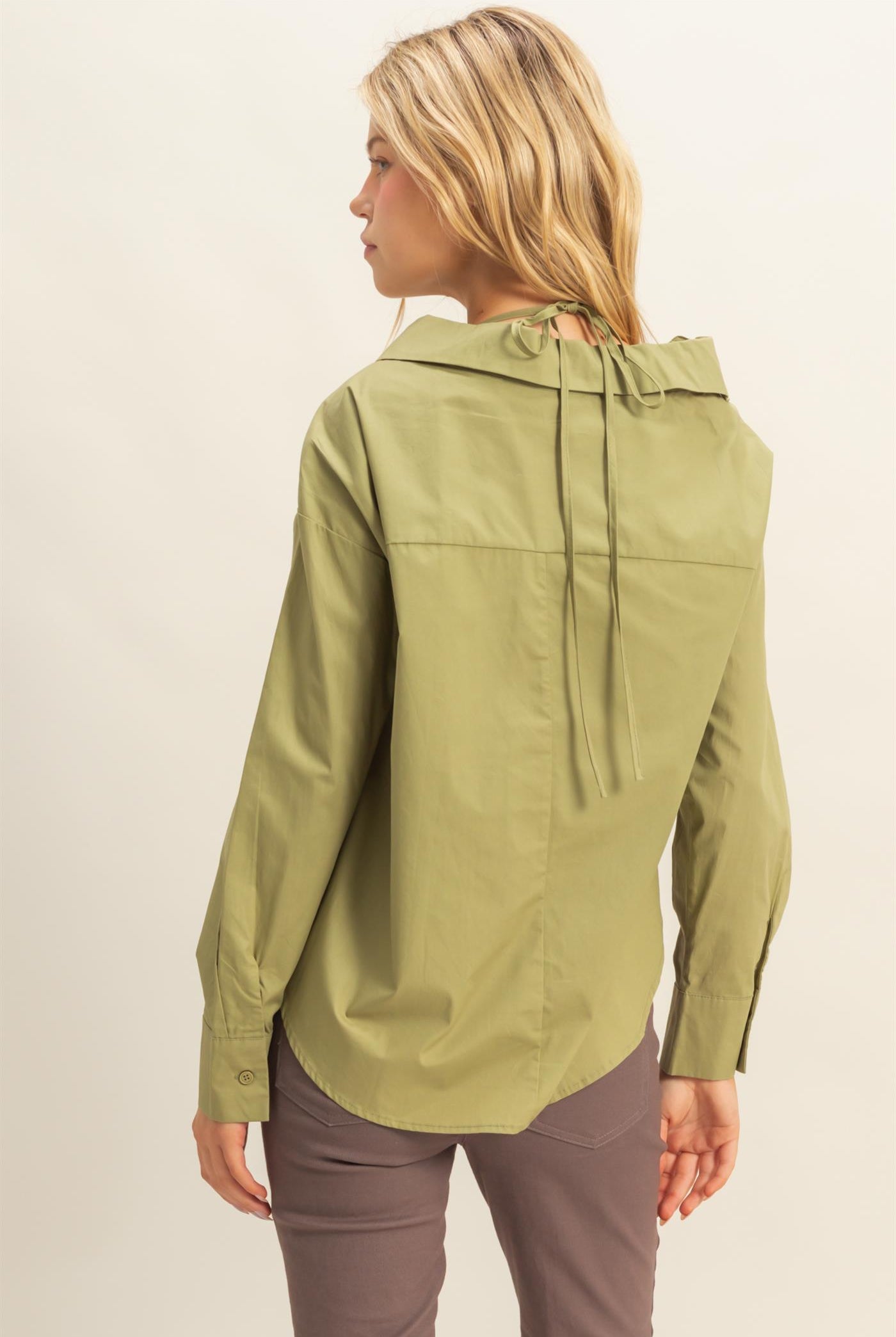 Wholesale Off-The-Shoulder Asymmetrcal Button-Up Shirt Clothing Tops HF22G139 OLIVE HYFVE