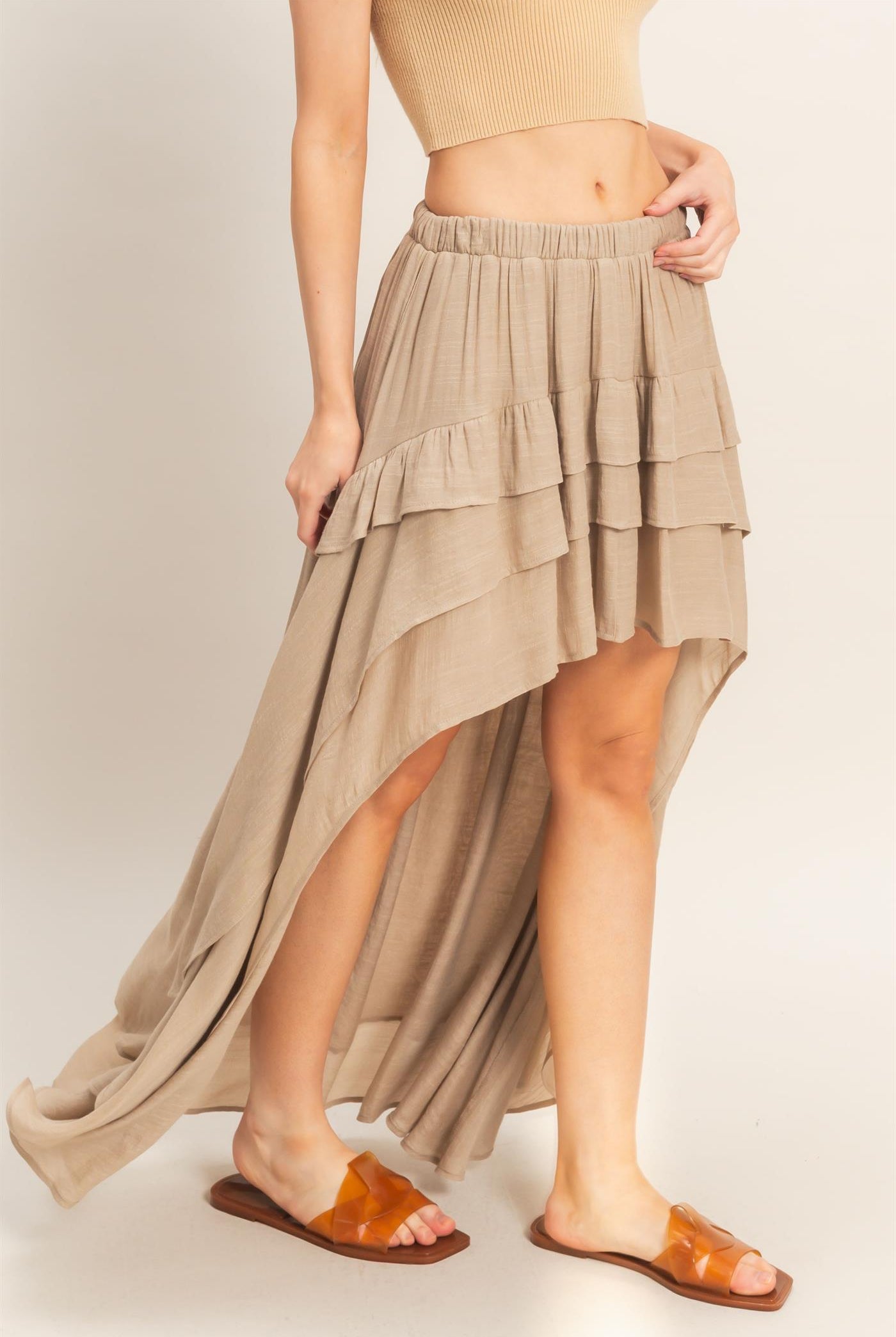 Wholesale Tiered Ruffle High-Low Skirt Skirts HF26C194 TAUPE HYFVE