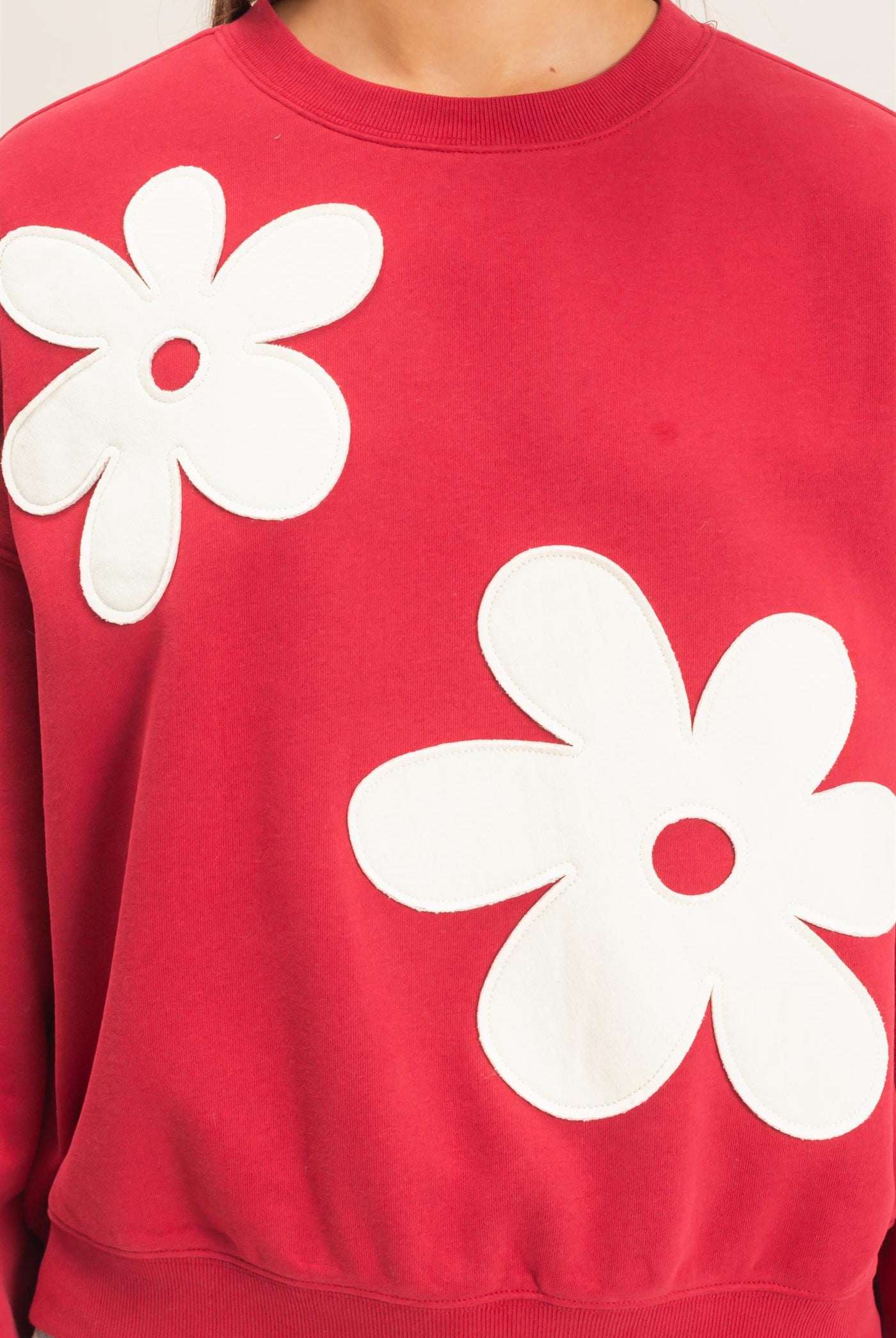 Wholesale Floral Applique Crew Neck Sweatshirt Sweatshirts DZ26E708 DARK RED DOUBLE ZERO