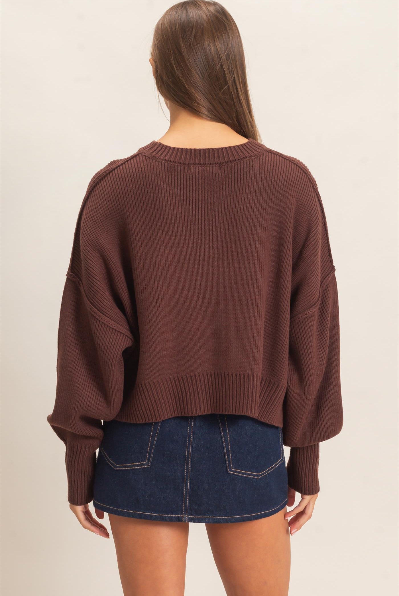 Wholesale Ribbed Drop Shoulder Sweater Sweaters DZ26C982 DARK BROWN DOUBLE ZERO