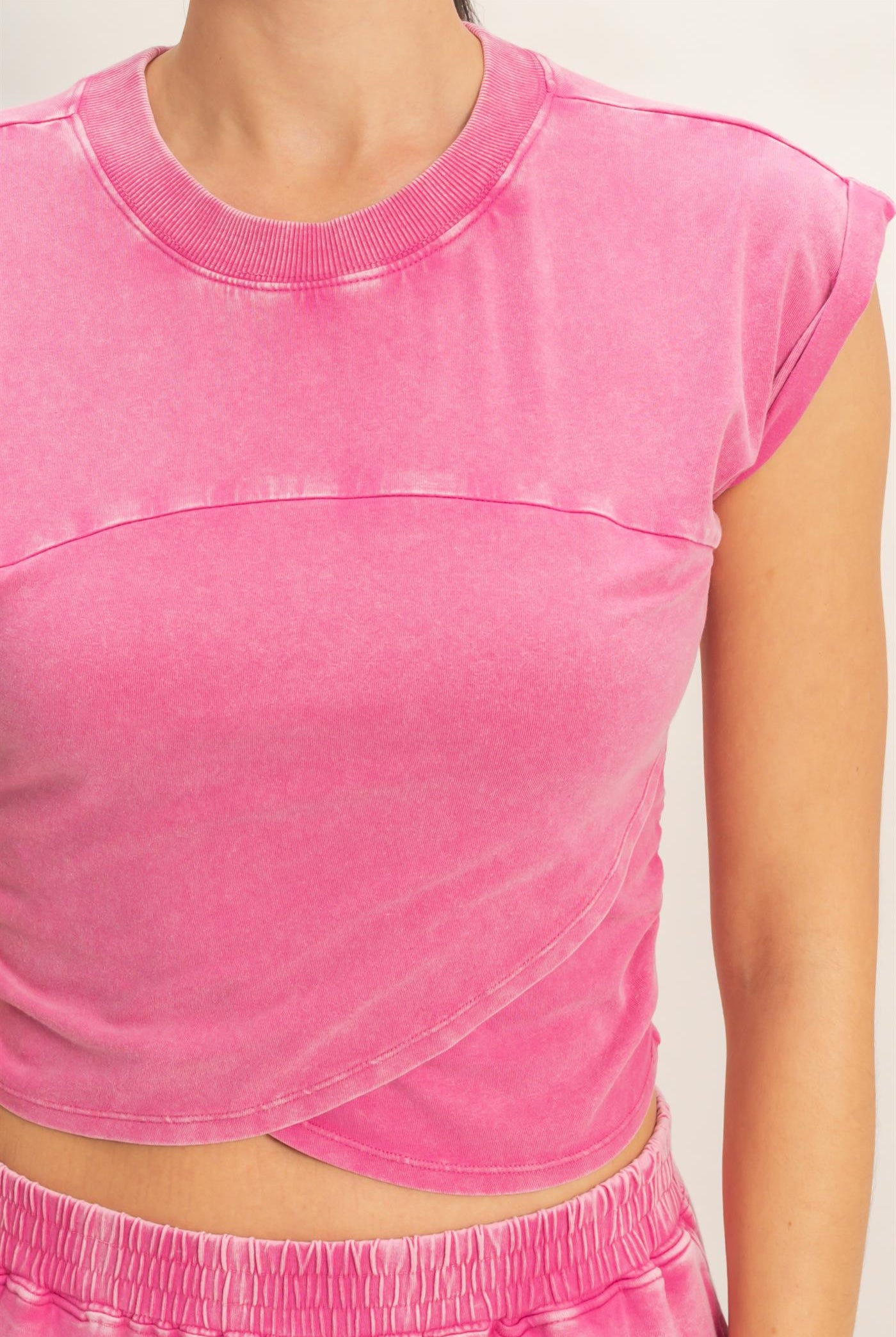 Wholesale Rolled Sleeve Wrap-Front Crop Top And Jogger Set Clothing DZ26A172-SET FUCHSIA DOUBLE ZERO