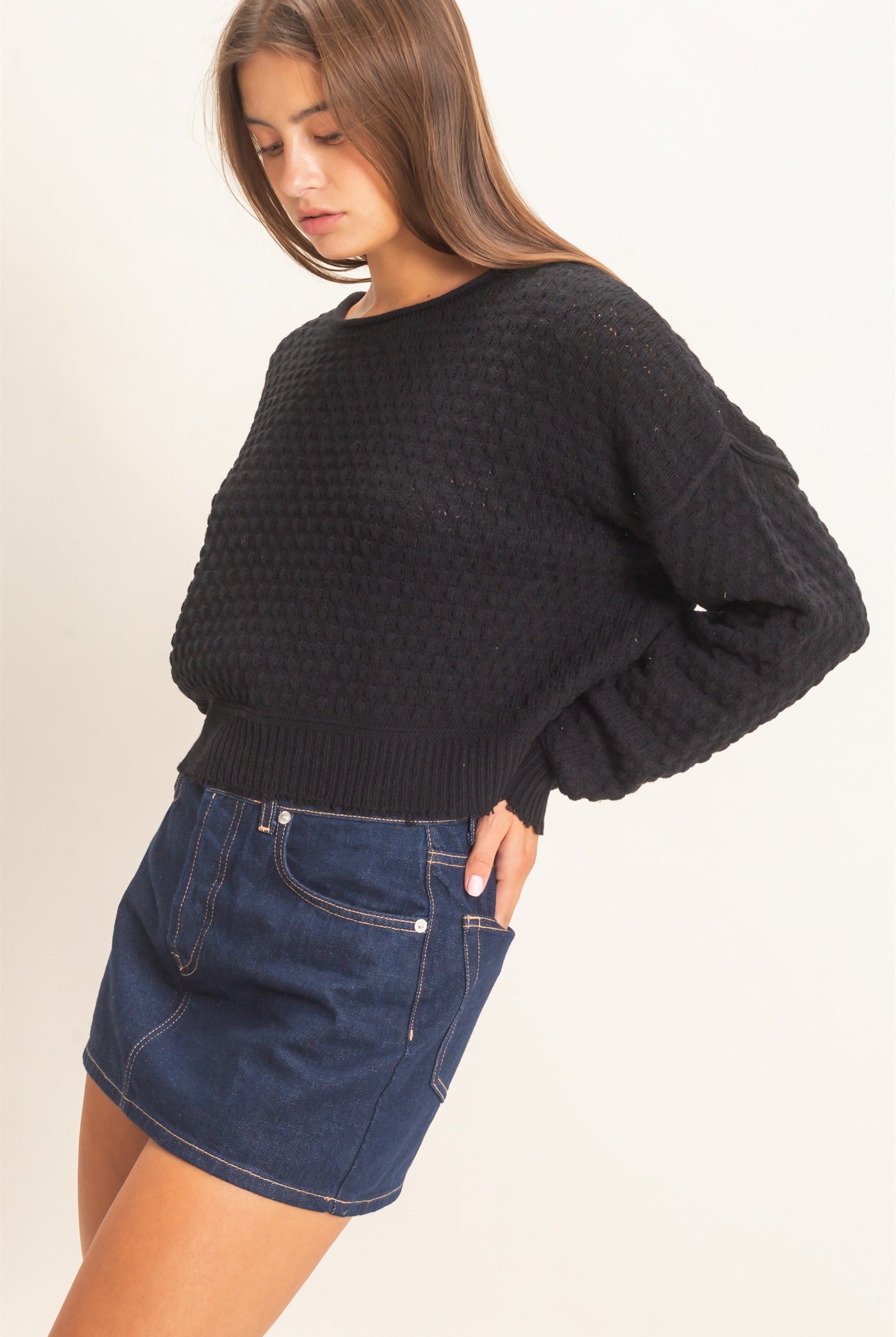 Wholesale Textured Boat Neck Sweater Sweaters DZ26E880 BLACK DOUBLE ZERO