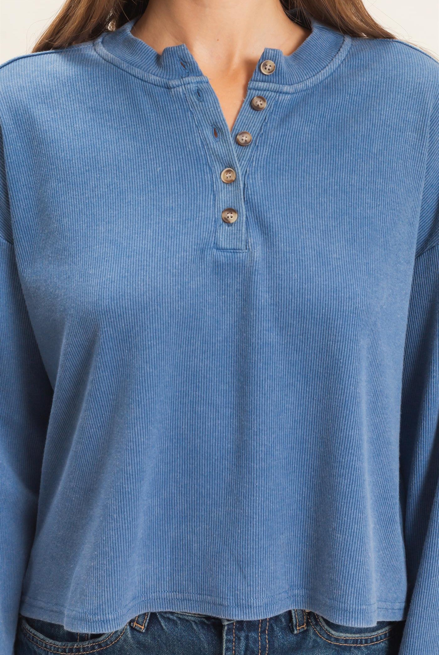 Wholesale Buttoned Henley Top Clothing Tops HF26F081 BLUE HYFVE