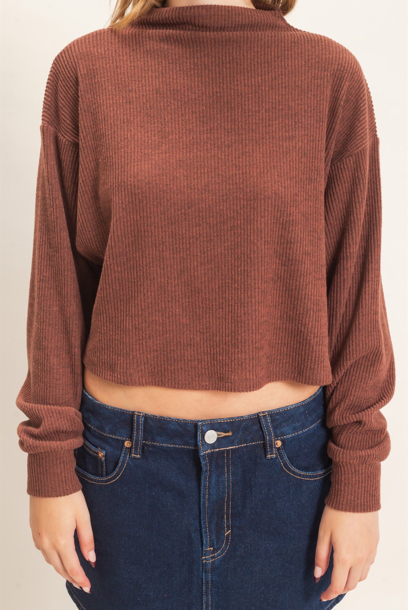 Wholesale Ribbed Mock Neck Top Clothing Tops HF26F030 BROWN HYFVE